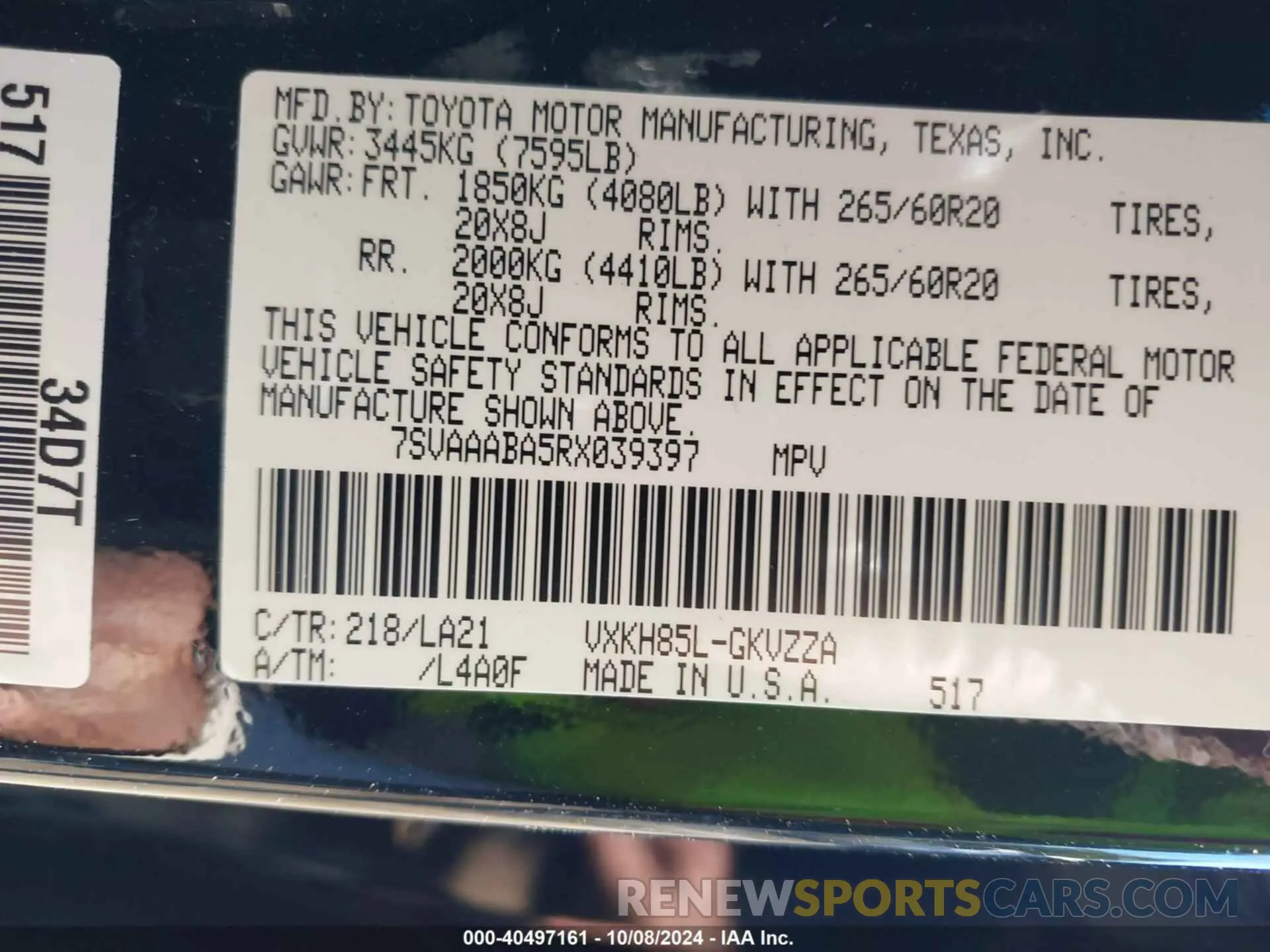 9 fotografías del automóvil dañado 7SVAAABA5RX039397 TOYOTA SEQUOIA 2024