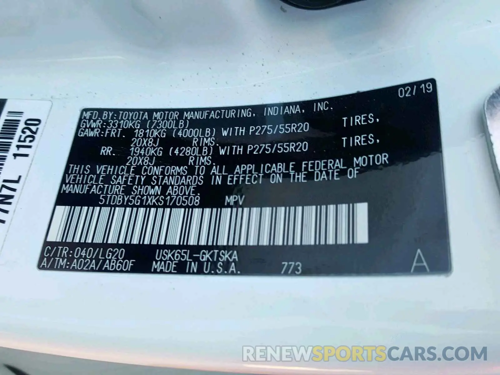 10 fotografías del automóvil dañado 5TDBY5G1XKS170508 TOYOTA SEQUOIA SR 2019