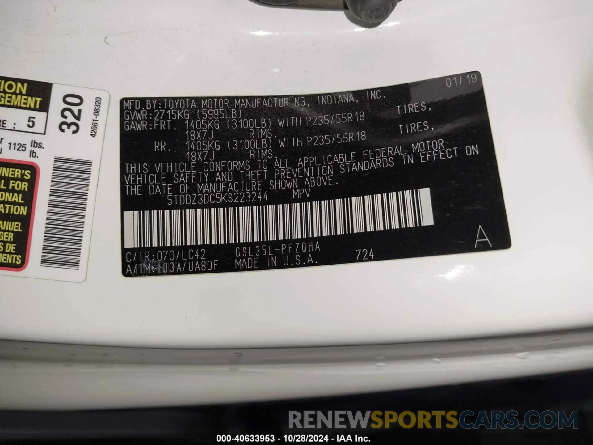 9 fotografías del automóvil dañado 5TDDZ3DC5KS223244 TOYOTA SIENNA 2019