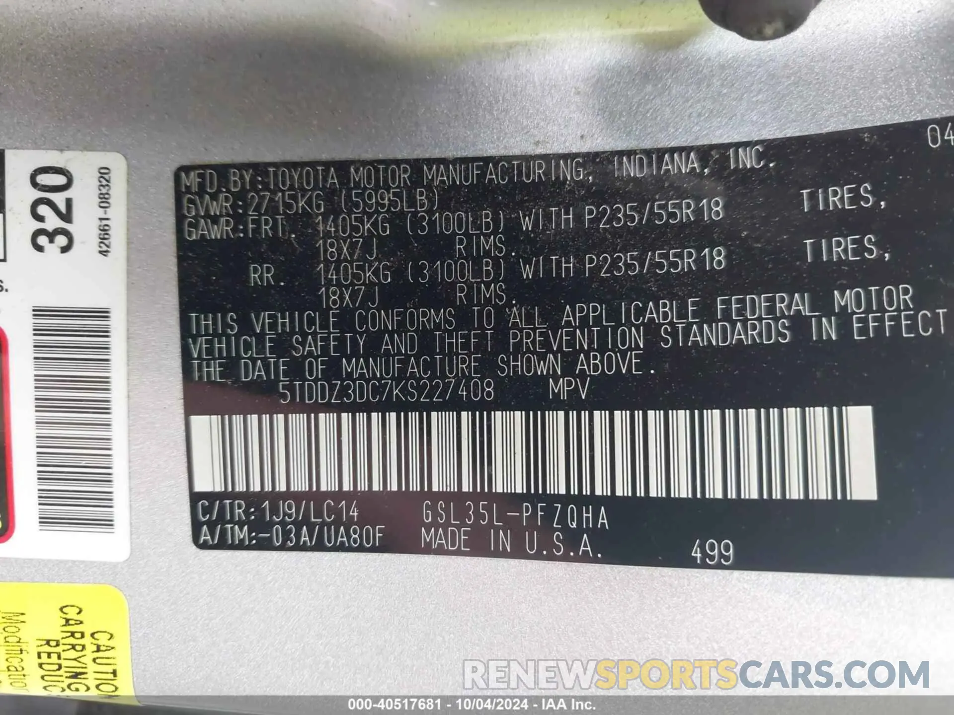 9 fotografías del automóvil dañado 5TDDZ3DC7KS227408 TOYOTA SIENNA 2019