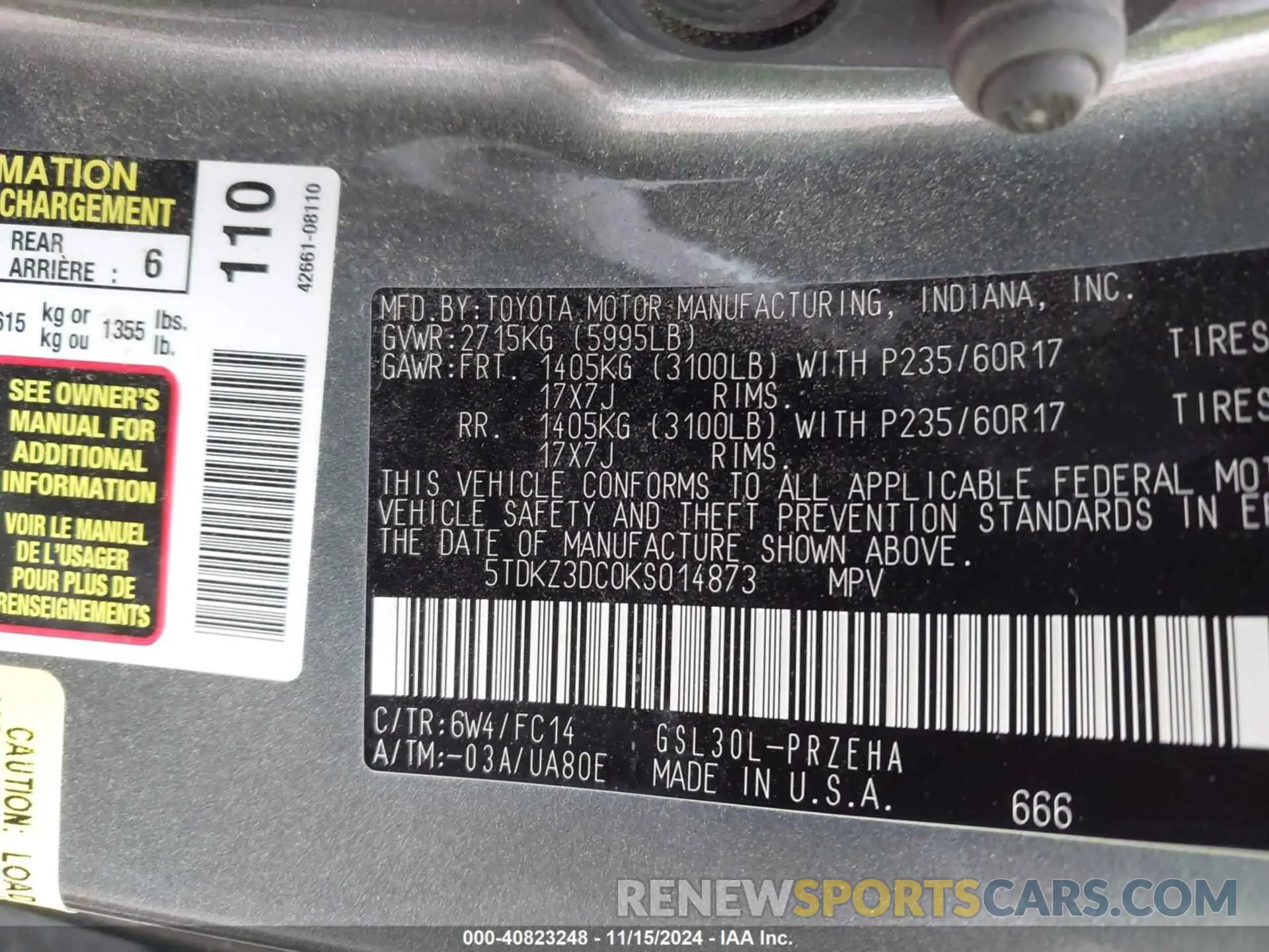 9 fotografías del automóvil dañado 5TDKZ3DC0KS014873 TOYOTA SIENNA 2019