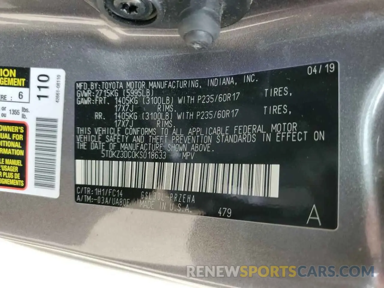 14 fotografías del automóvil dañado 5TDKZ3DC0KS018633 TOYOTA SIENNA 2019