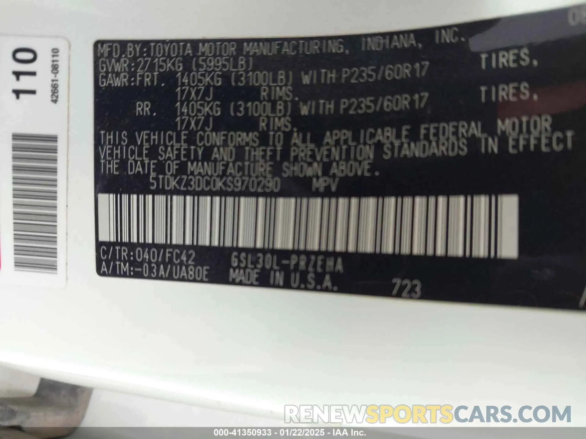 9 fotografías del automóvil dañado 5TDKZ3DC0KS970290 TOYOTA SIENNA 2019