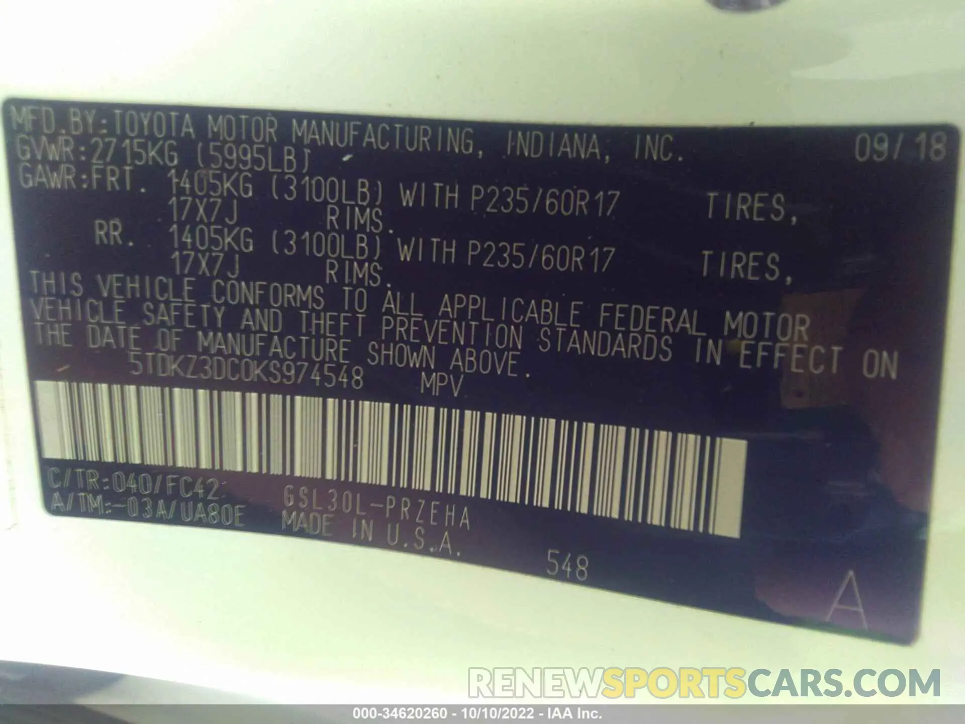 9 fotografías del automóvil dañado 5TDKZ3DC0KS974548 TOYOTA SIENNA 2019