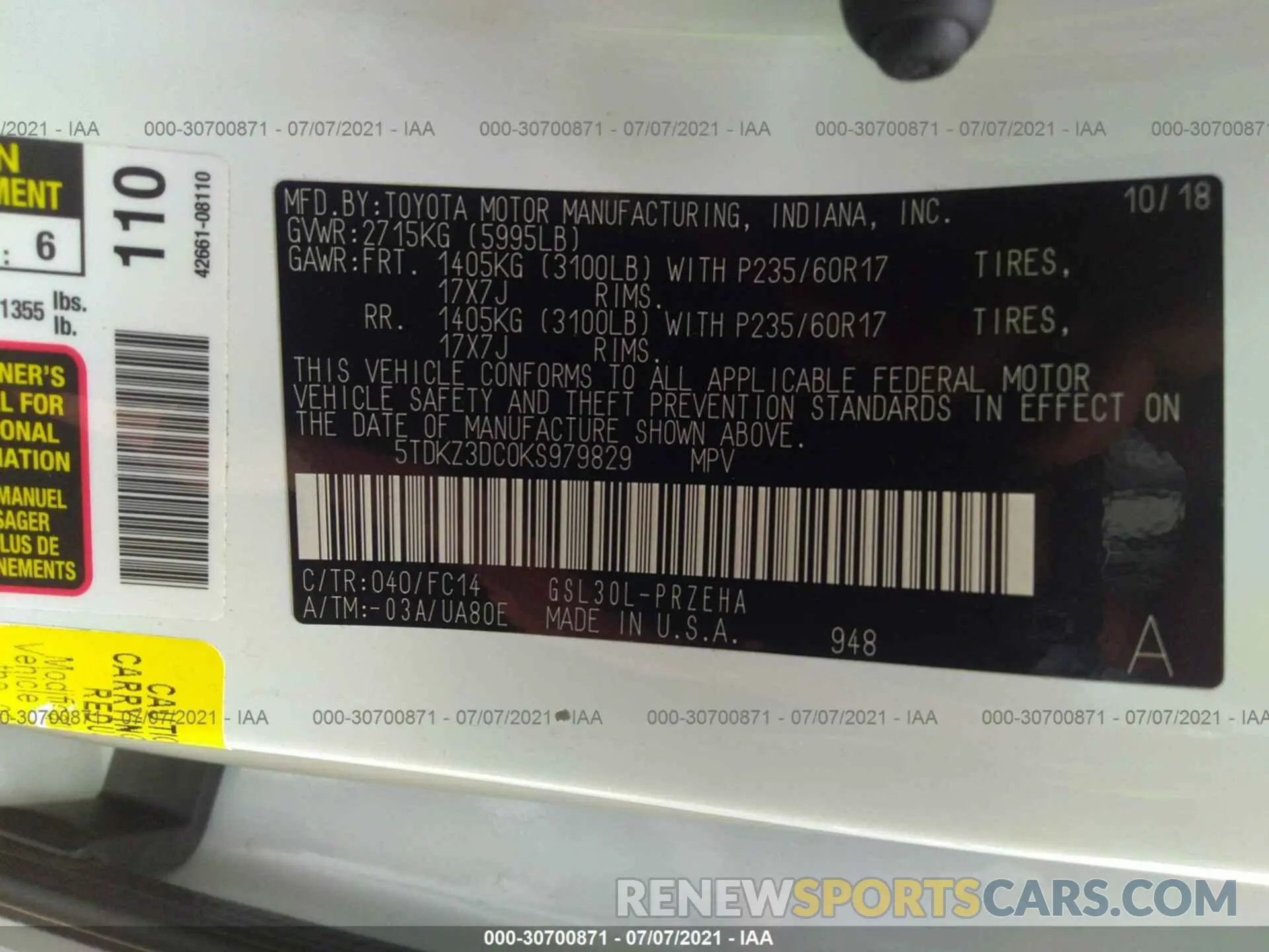 9 fotografías del automóvil dañado 5TDKZ3DC0KS979829 TOYOTA SIENNA 2019
