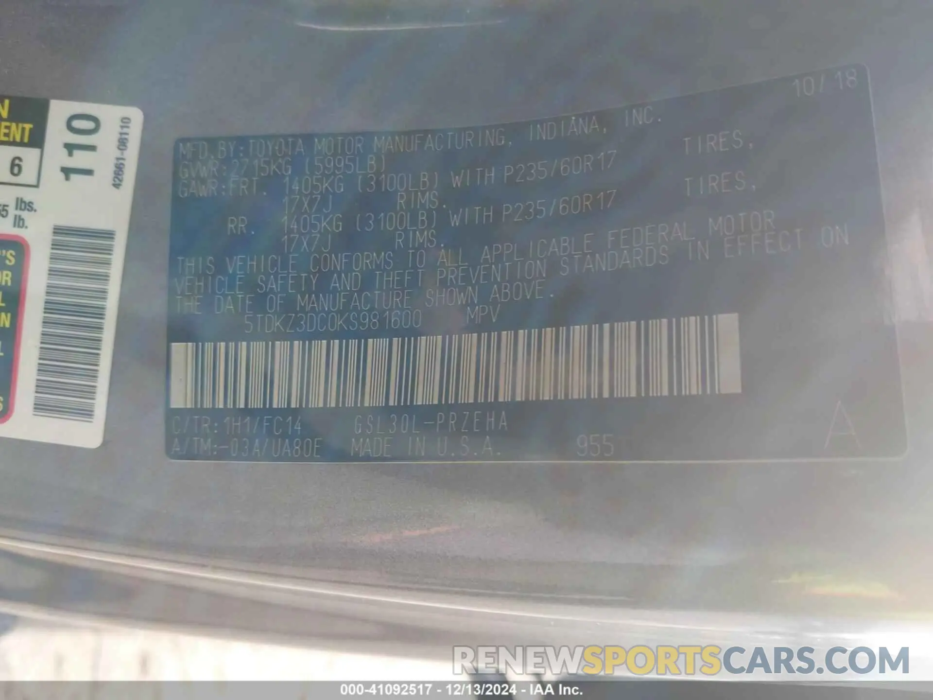 9 fotografías del automóvil dañado 5TDKZ3DC0KS981600 TOYOTA SIENNA 2019
