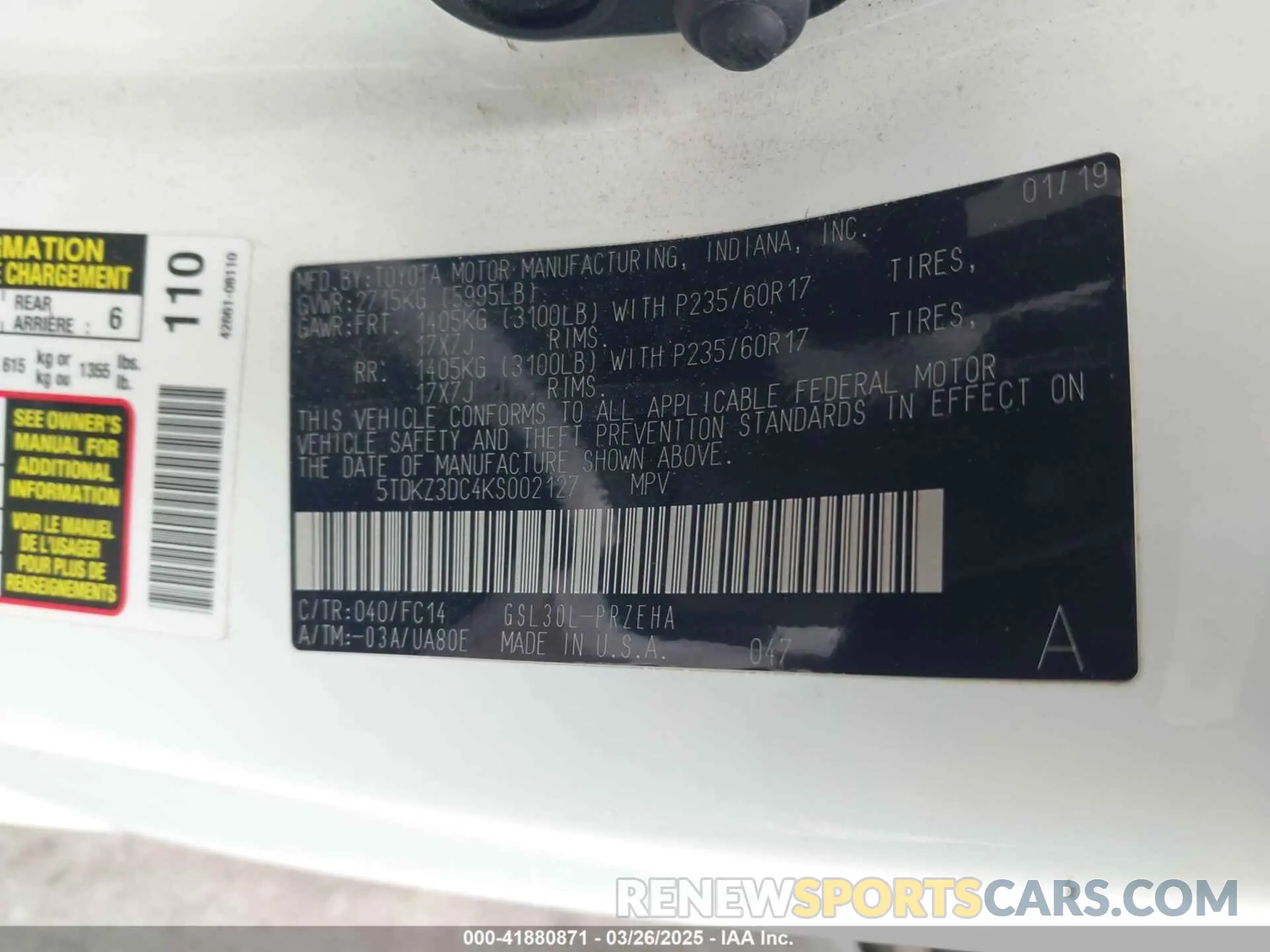 9 fotografías del automóvil dañado 5TDKZ3DC4KS002127 TOYOTA SIENNA 2019