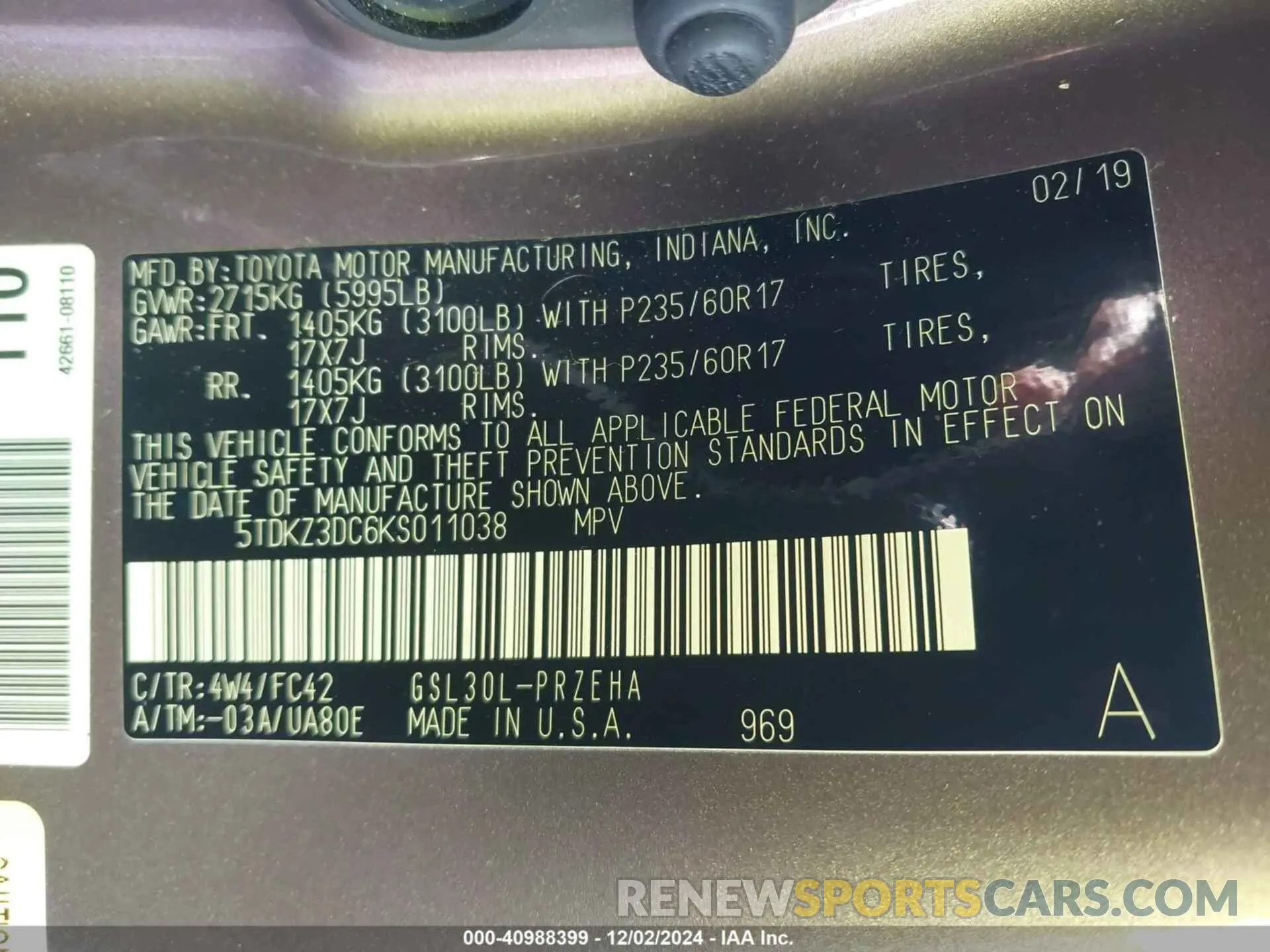 9 fotografías del automóvil dañado 5TDKZ3DC6KS011038 TOYOTA SIENNA 2019