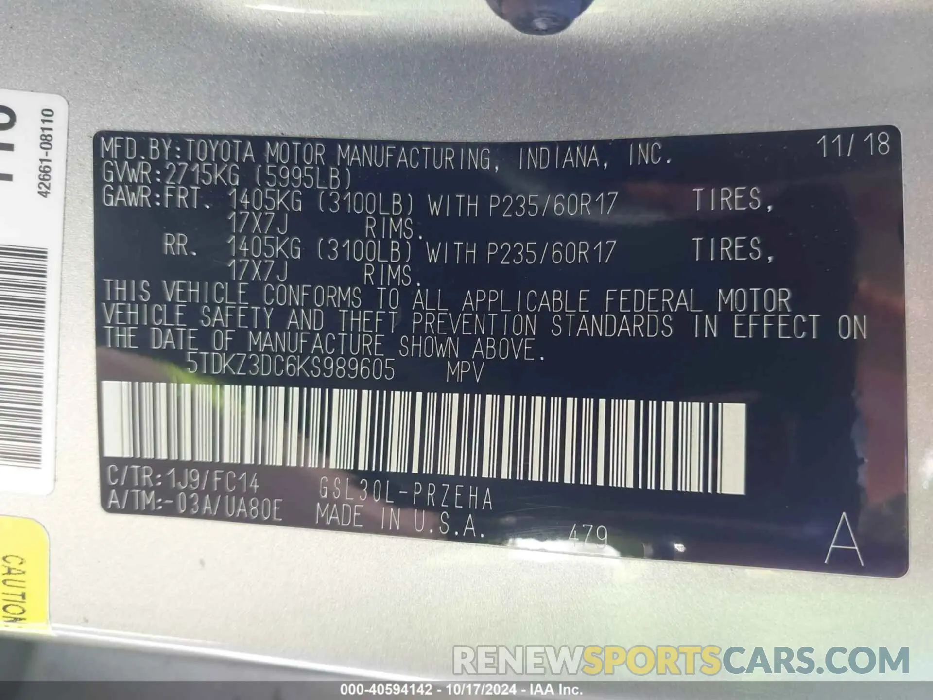 9 fotografías del automóvil dañado 5TDKZ3DC6KS989605 TOYOTA SIENNA 2019