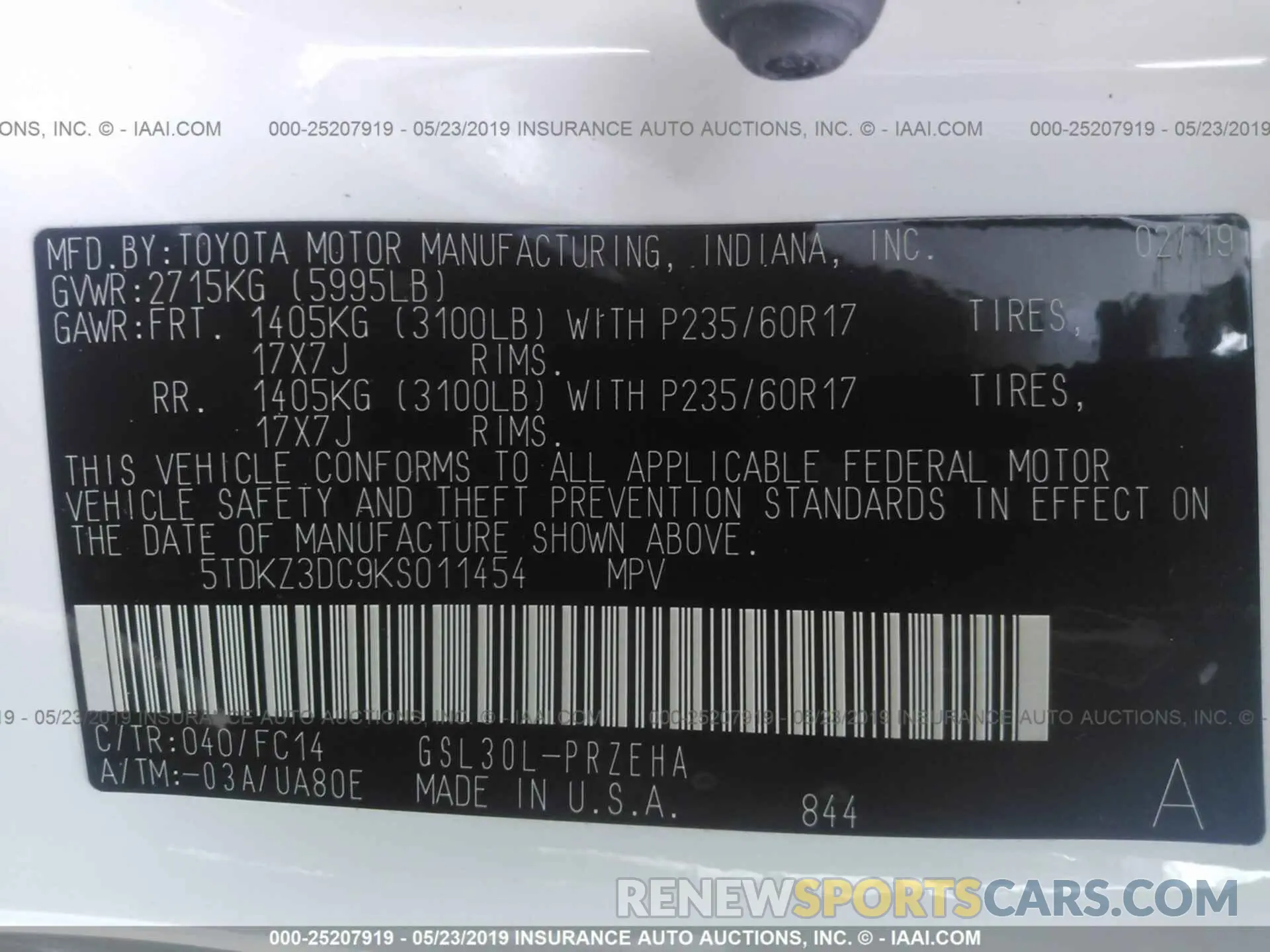 9 fotografías del automóvil dañado 5TDKZ3DC9KS011454 TOYOTA SIENNA 2019