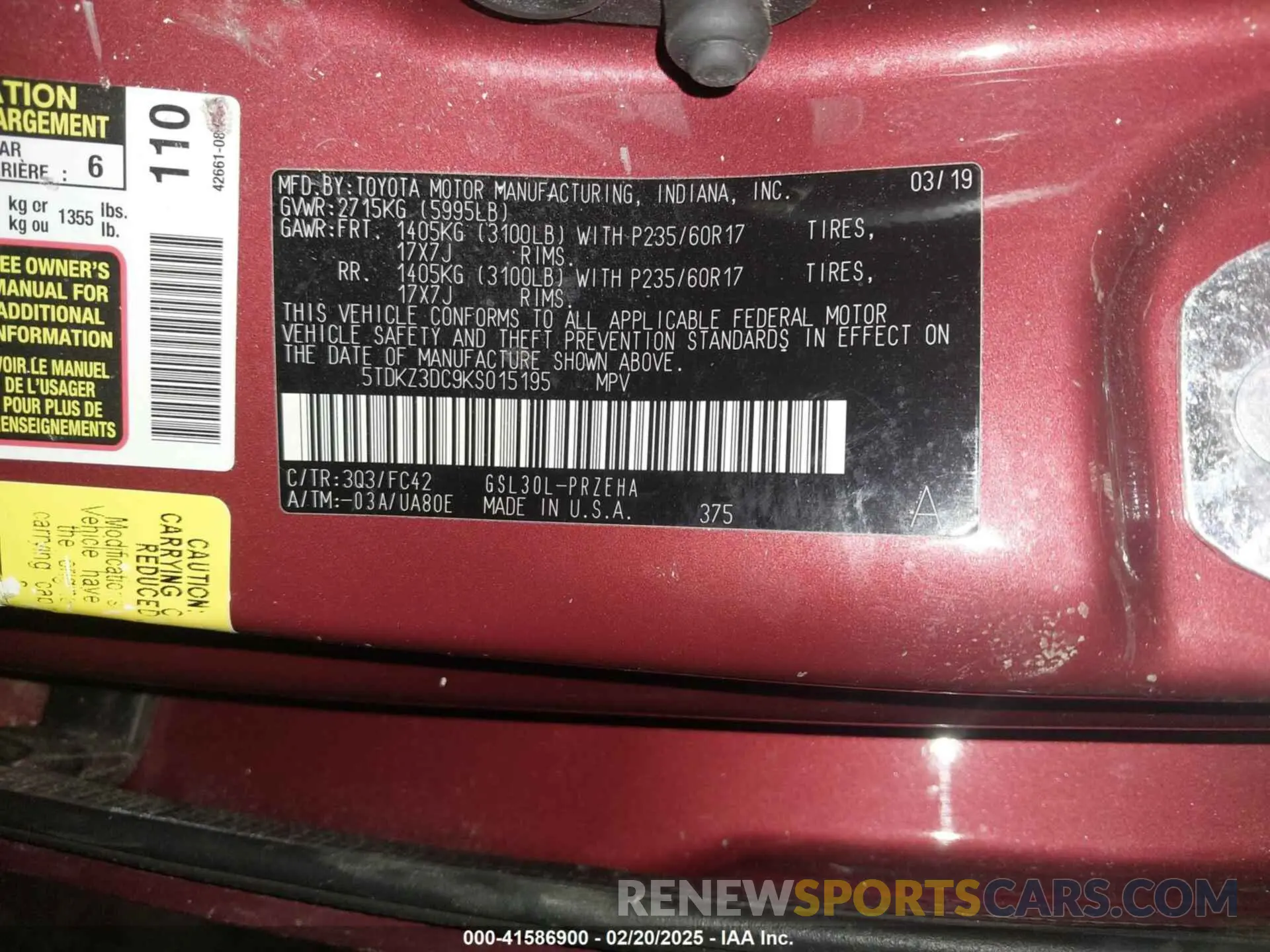 9 fotografías del automóvil dañado 5TDKZ3DC9KS015195 TOYOTA SIENNA 2019