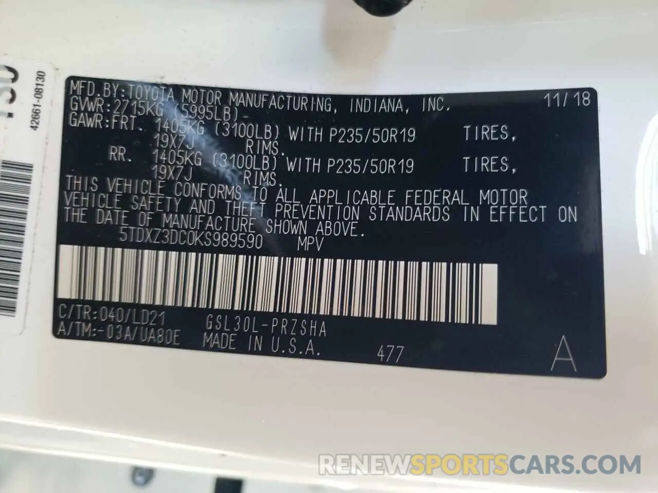 10 fotografías del automóvil dañado 5TDXZ3DC0KS989590 TOYOTA SIENNA 2019