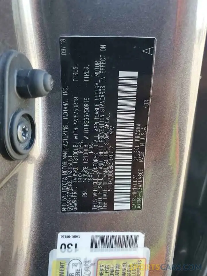 13 fotografías del automóvil dañado 5TDXZ3DC9KS978717 TOYOTA SIENNA 2019