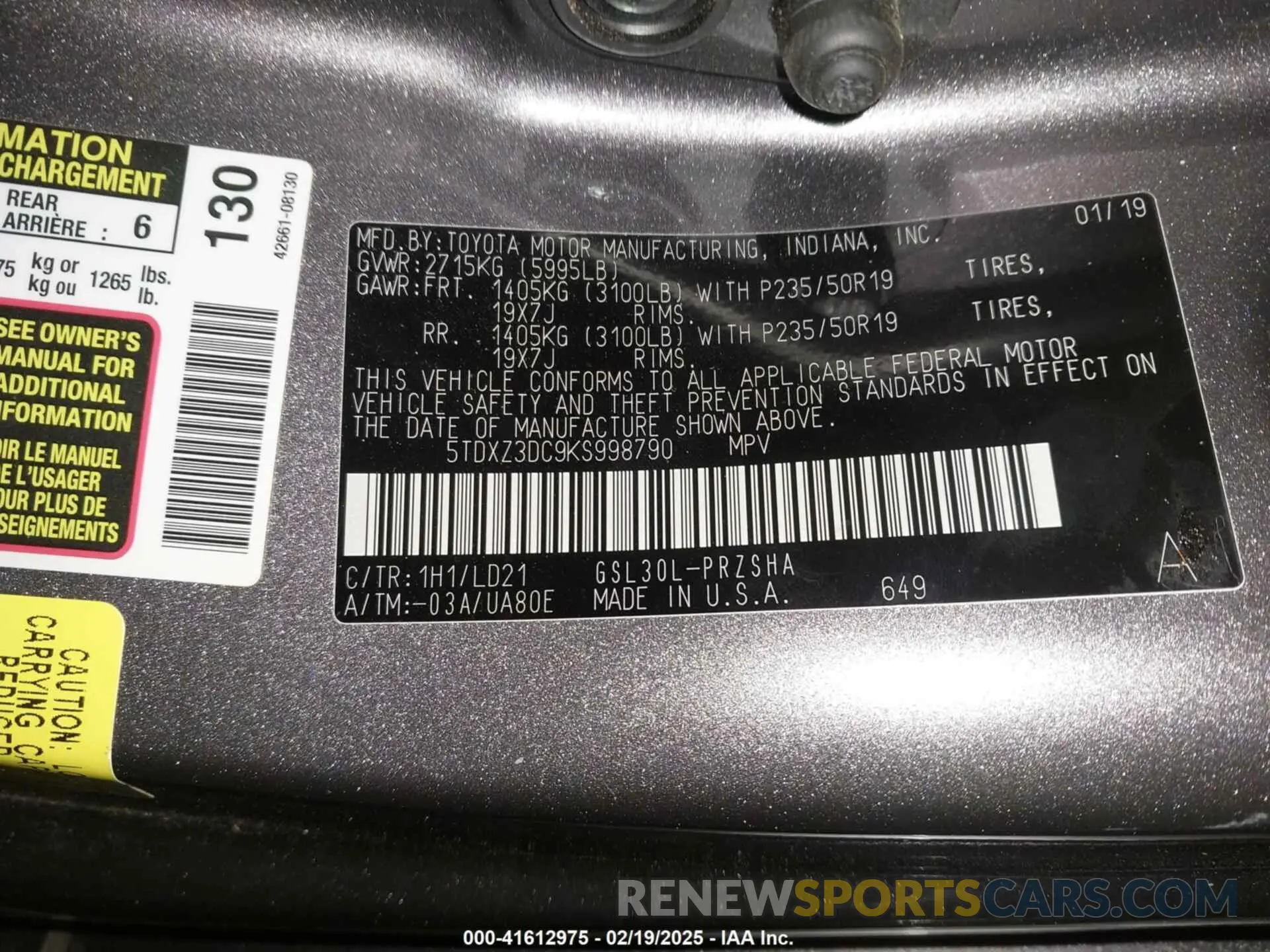 9 fotografías del automóvil dañado 5TDXZ3DC9KS998790 TOYOTA SIENNA 2019