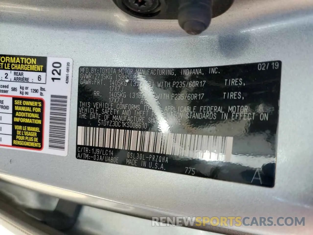 10 fotografías del automóvil dañado 5TDYZ3DC1KS008610 TOYOTA SIENNA 2019