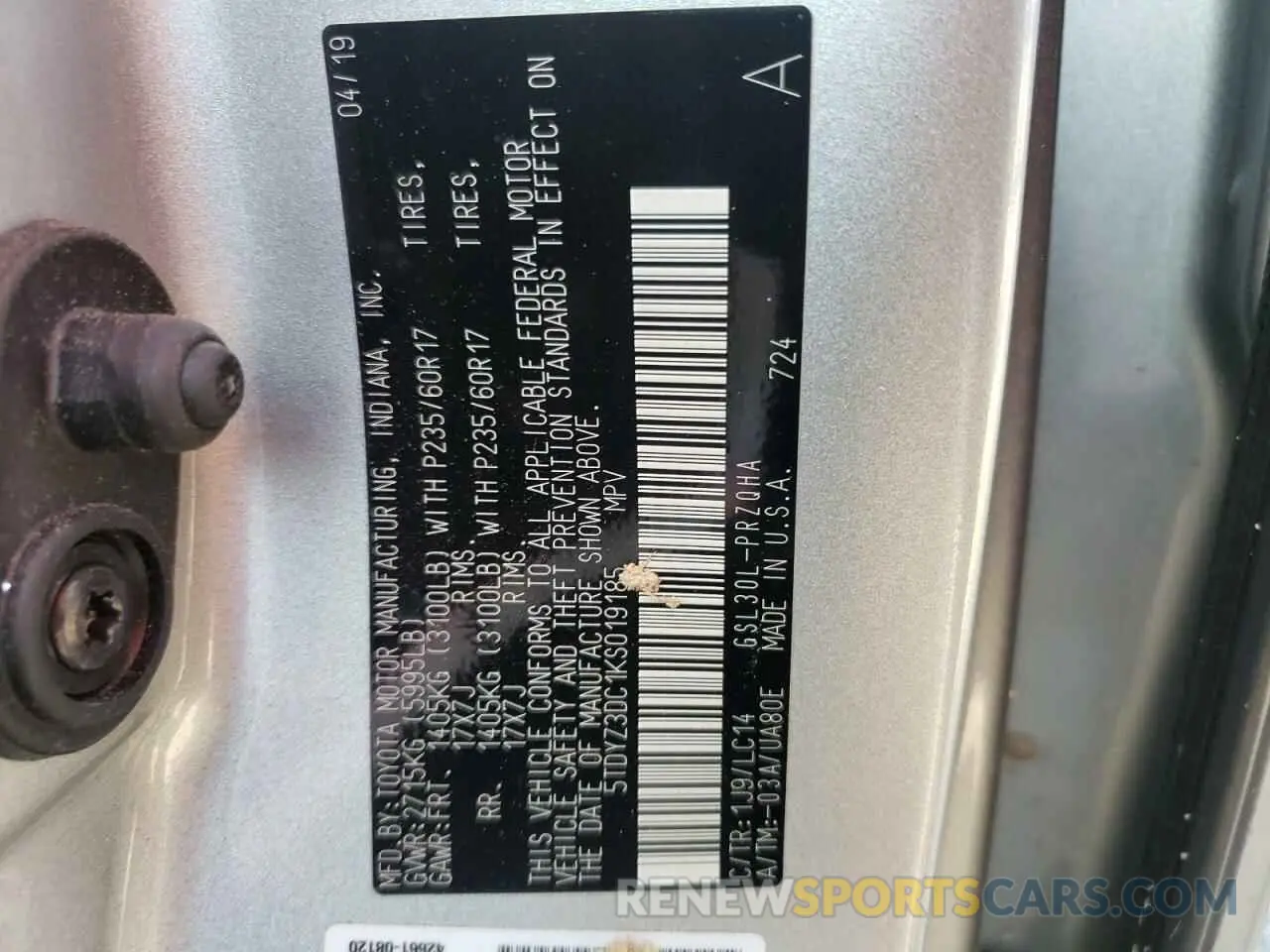 10 fotografías del automóvil dañado 5TDYZ3DC1KS019185 TOYOTA SIENNA 2019