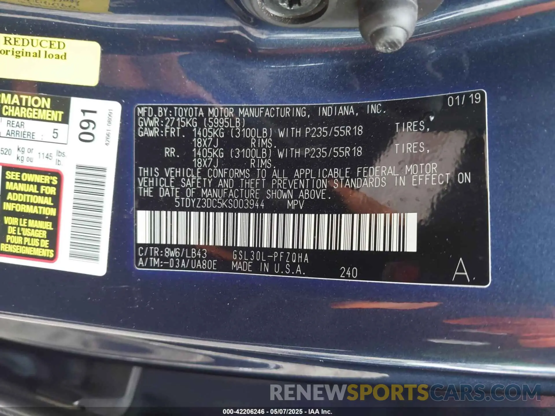 9 fotografías del automóvil dañado 5TDYZ3DC5KS003944 TOYOTA SIENNA 2019