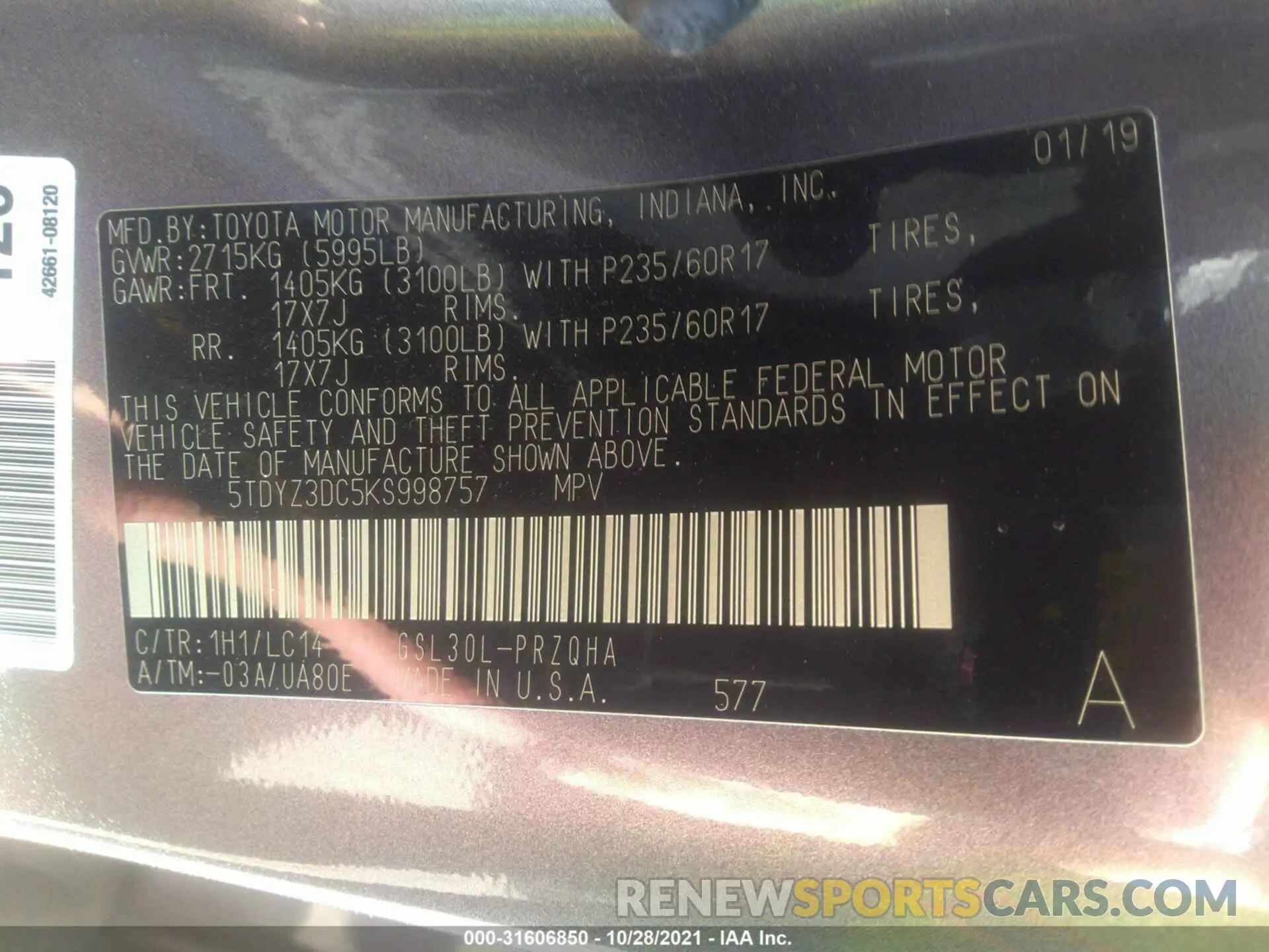 9 fotografías del automóvil dañado 5TDYZ3DC5KS998757 TOYOTA SIENNA 2019