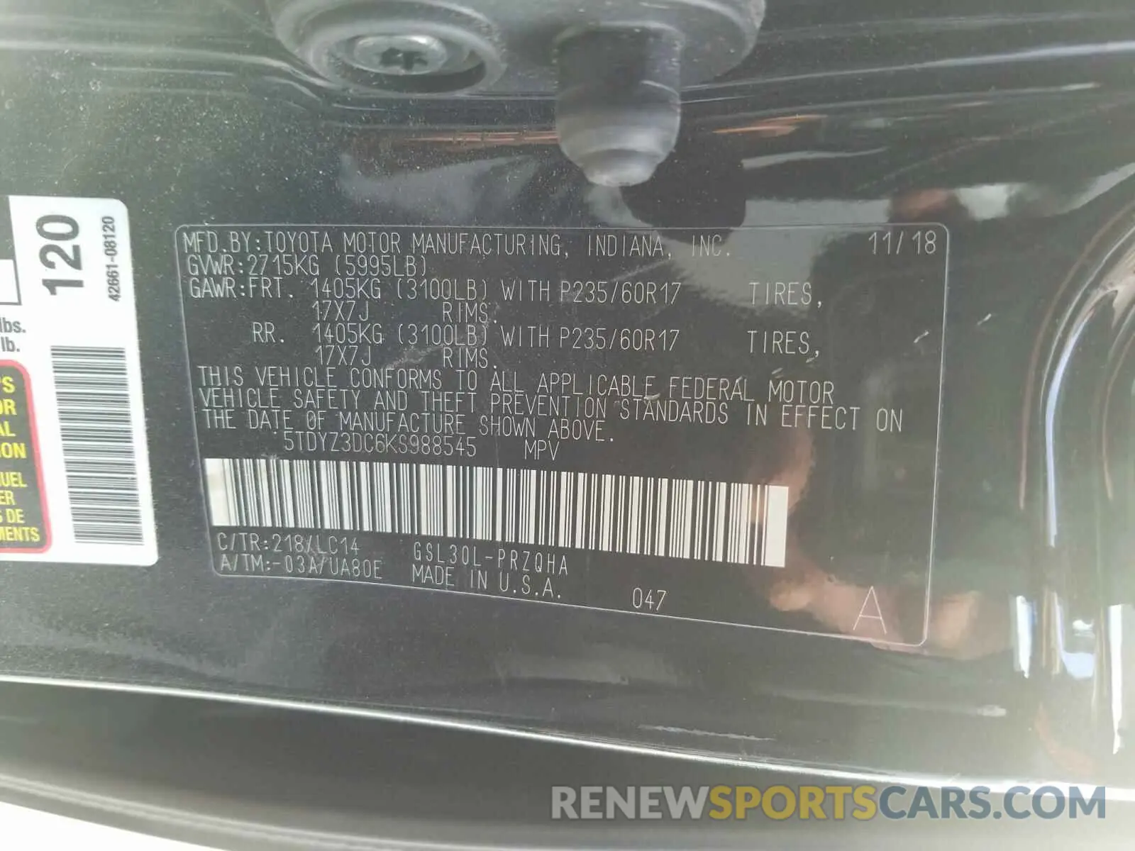 10 fotografías del automóvil dañado 5TDYZ3DC6KS988545 TOYOTA SIENNA 2019