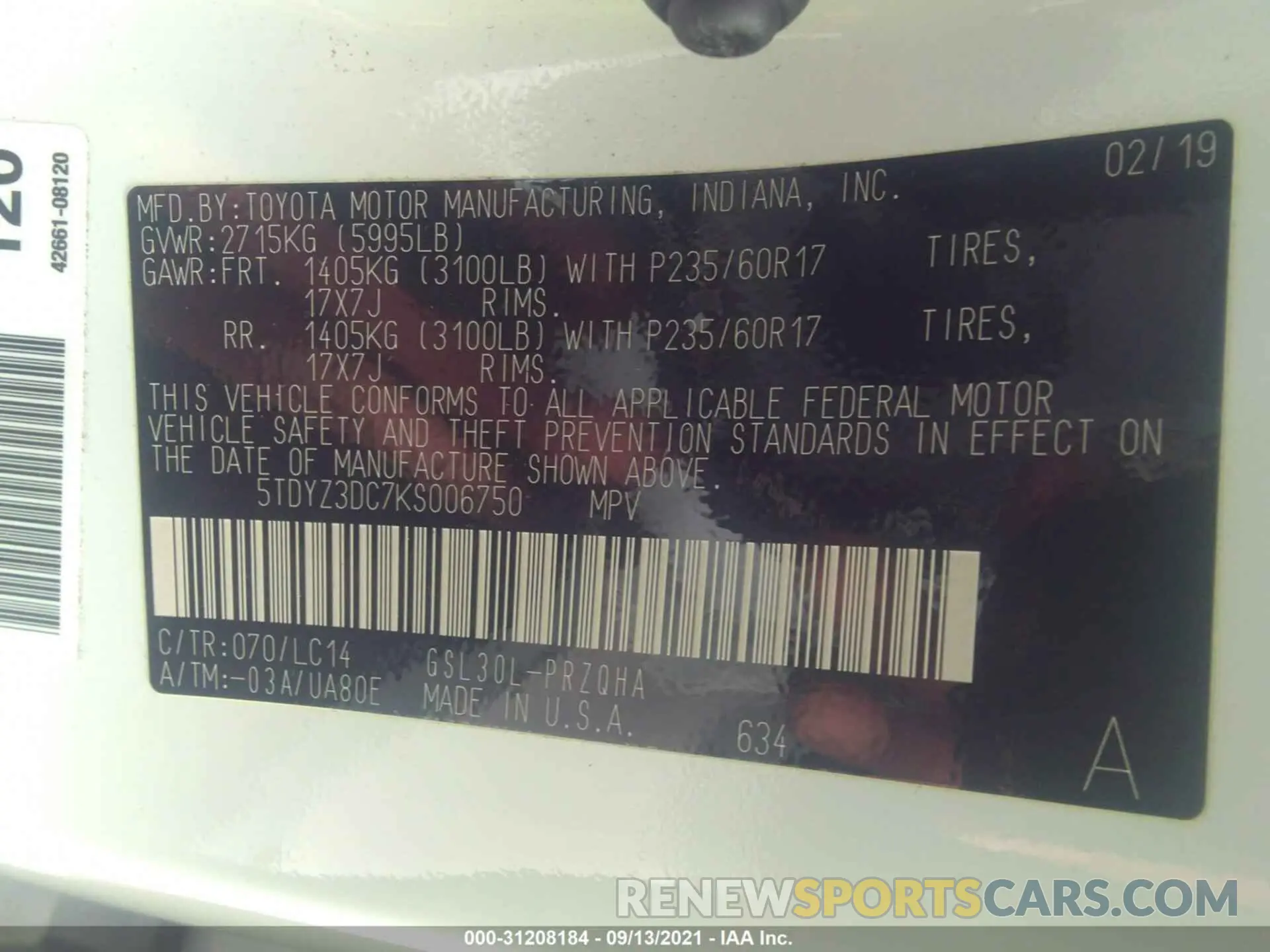 9 fotografías del automóvil dañado 5TDYZ3DC7KS006750 TOYOTA SIENNA 2019