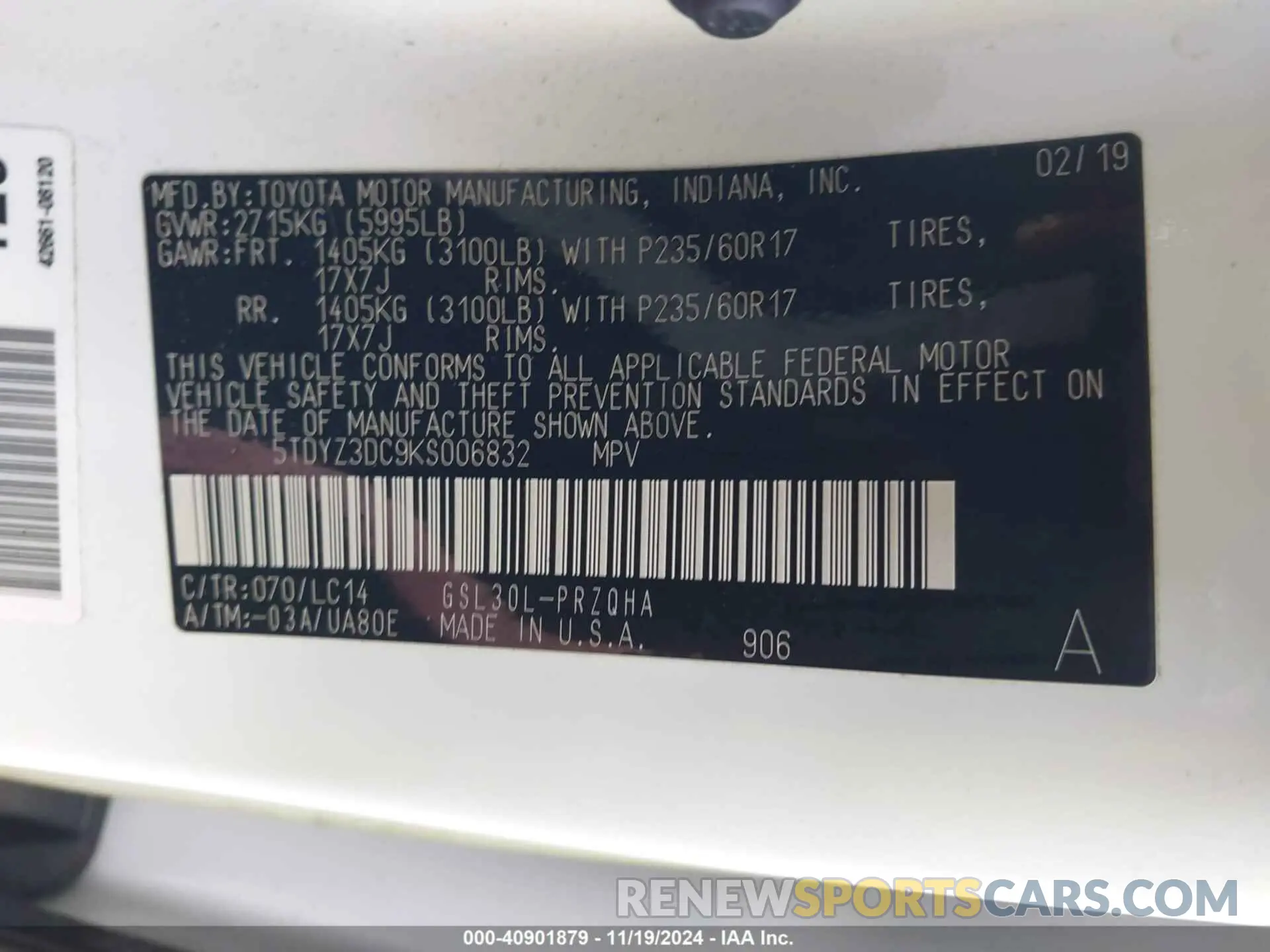 9 fotografías del automóvil dañado 5TDYZ3DC9KS006832 TOYOTA SIENNA 2019