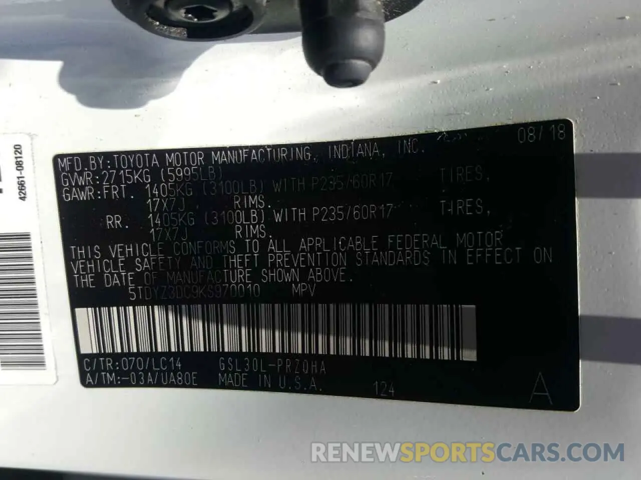 10 fotografías del automóvil dañado 5TDYZ3DC9KS970010 TOYOTA SIENNA 2019