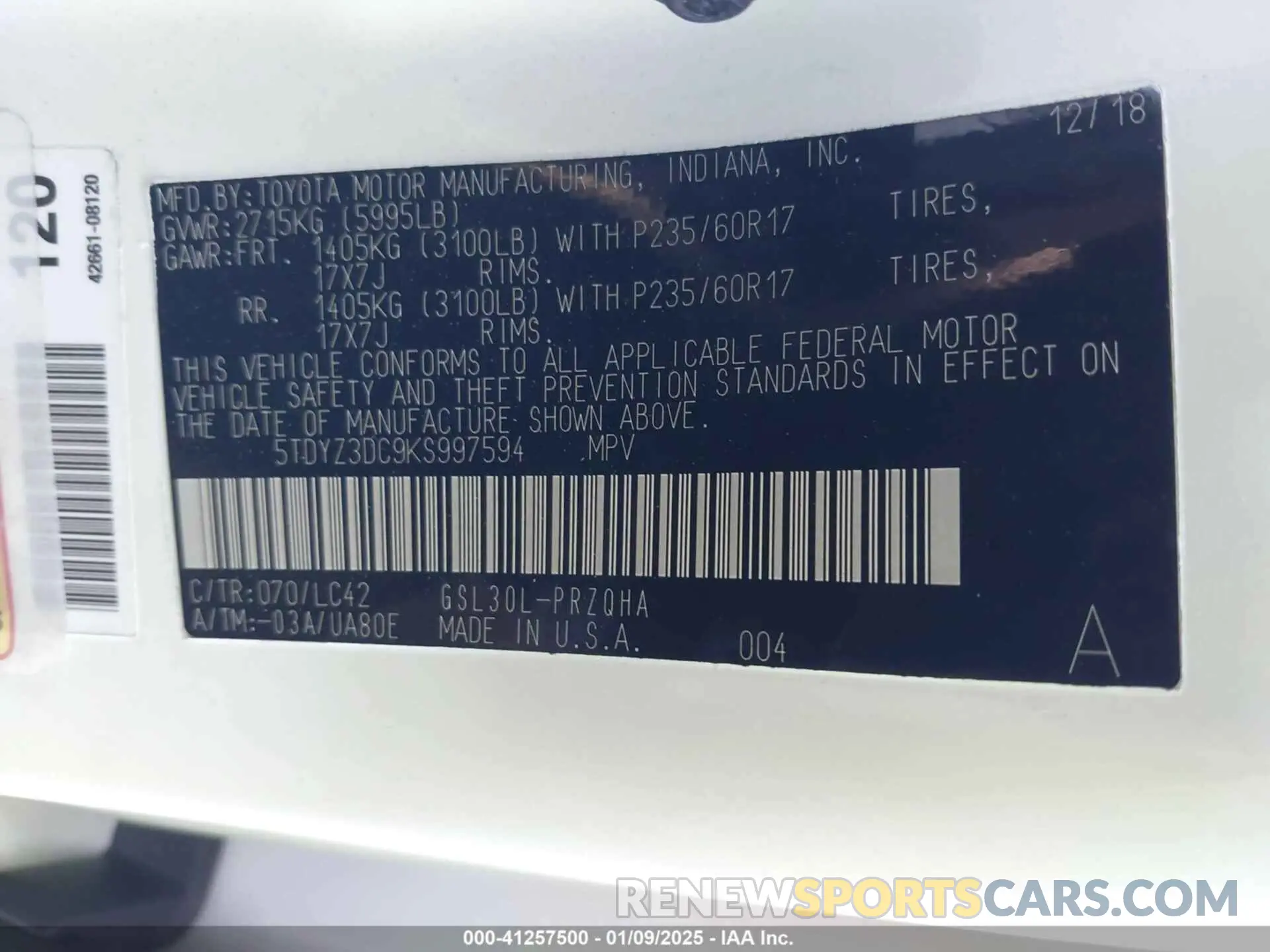 9 fotografías del automóvil dañado 5TDYZ3DC9KS997594 TOYOTA SIENNA 2019