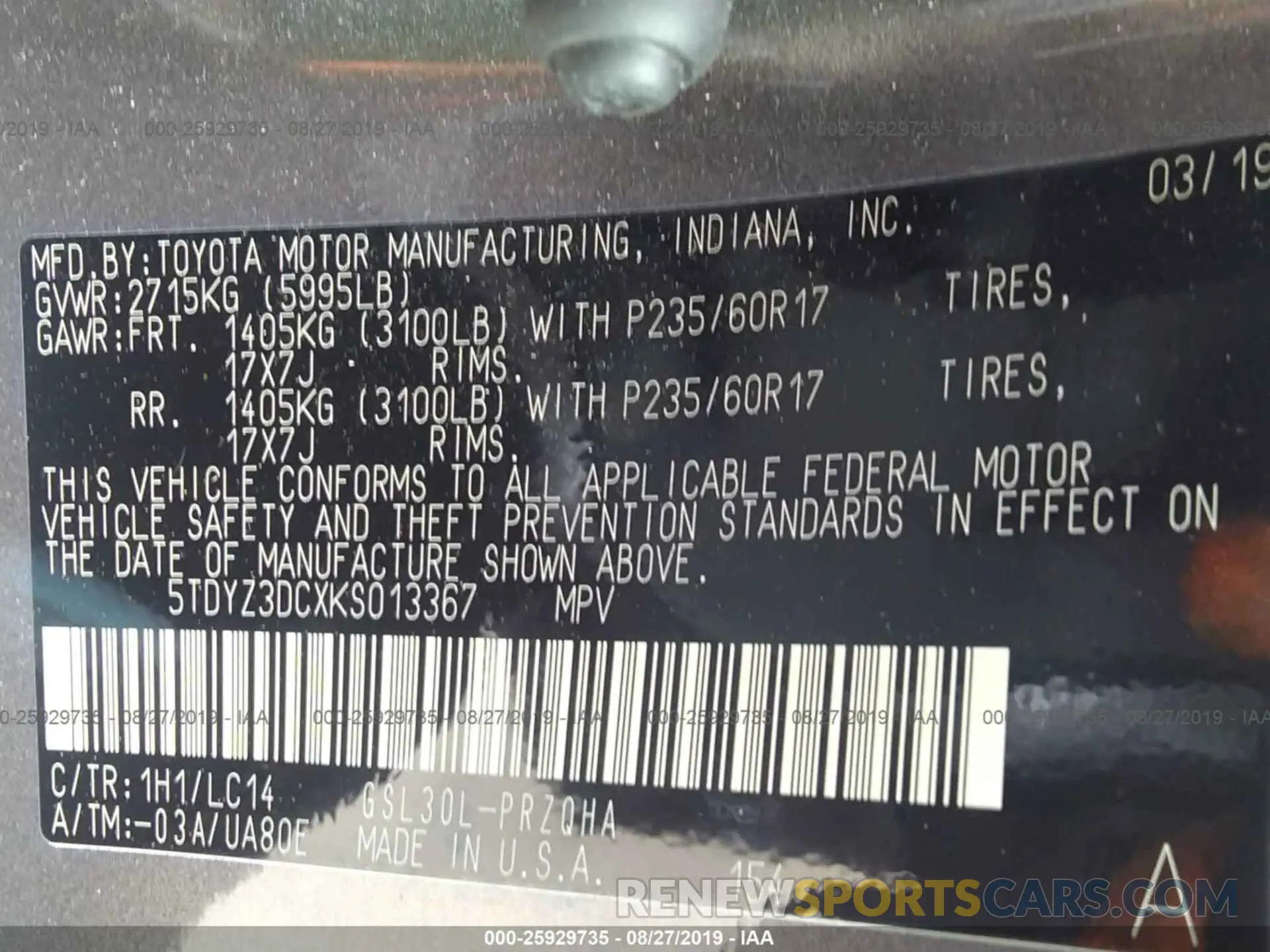 9 fotografías del automóvil dañado 5TDYZ3DCXKS013367 TOYOTA SIENNA 2019