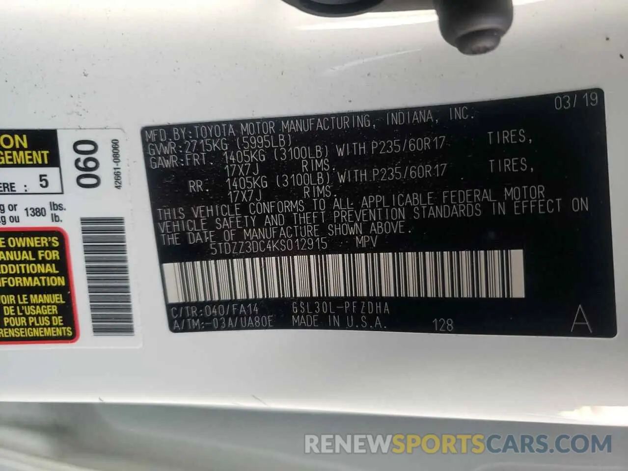 10 fotografías del automóvil dañado 5TDZZ3DC4KS012915 TOYOTA SIENNA 2019