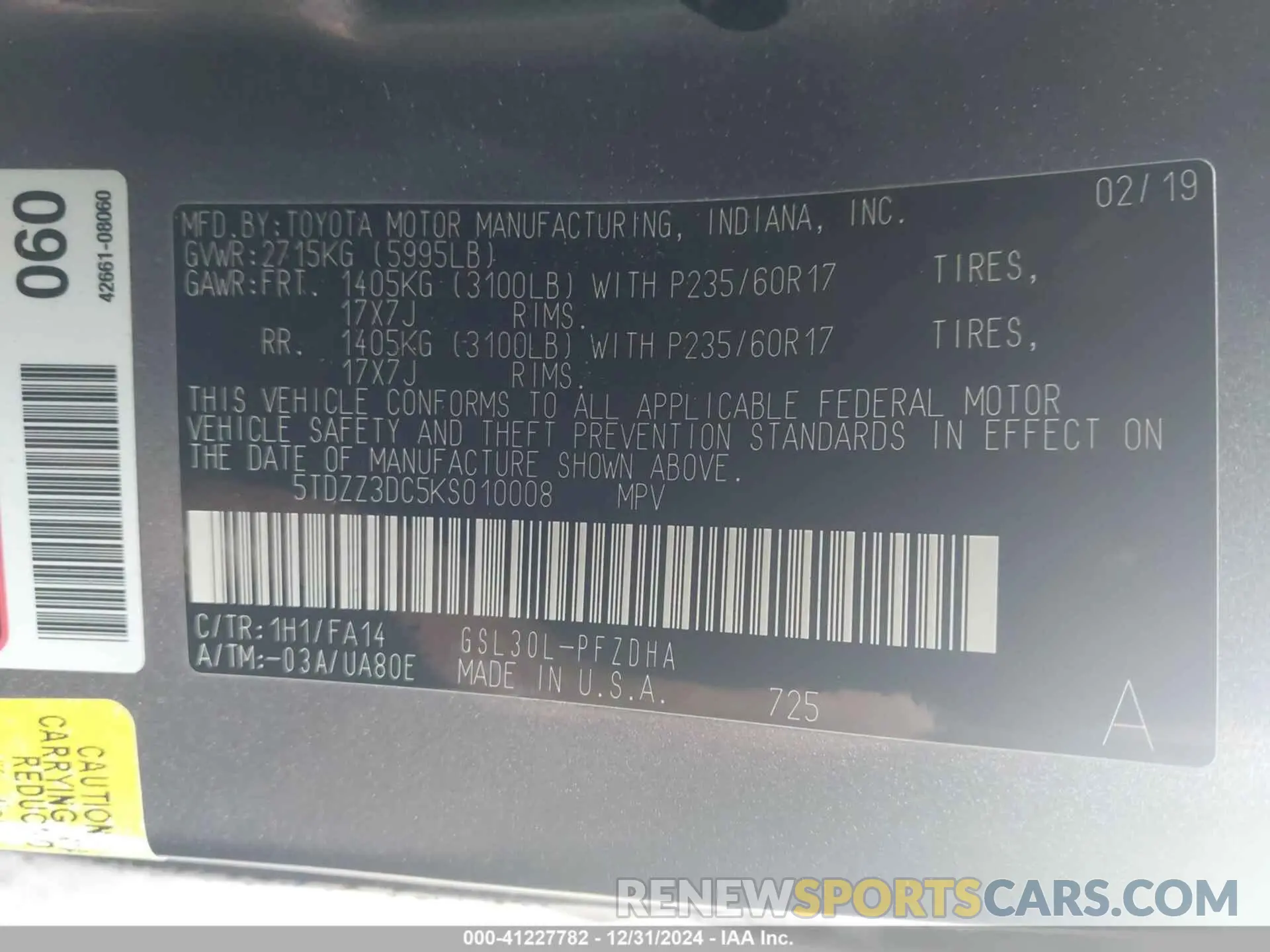 9 fotografías del automóvil dañado 5TDZZ3DC5KS010008 TOYOTA SIENNA 2019