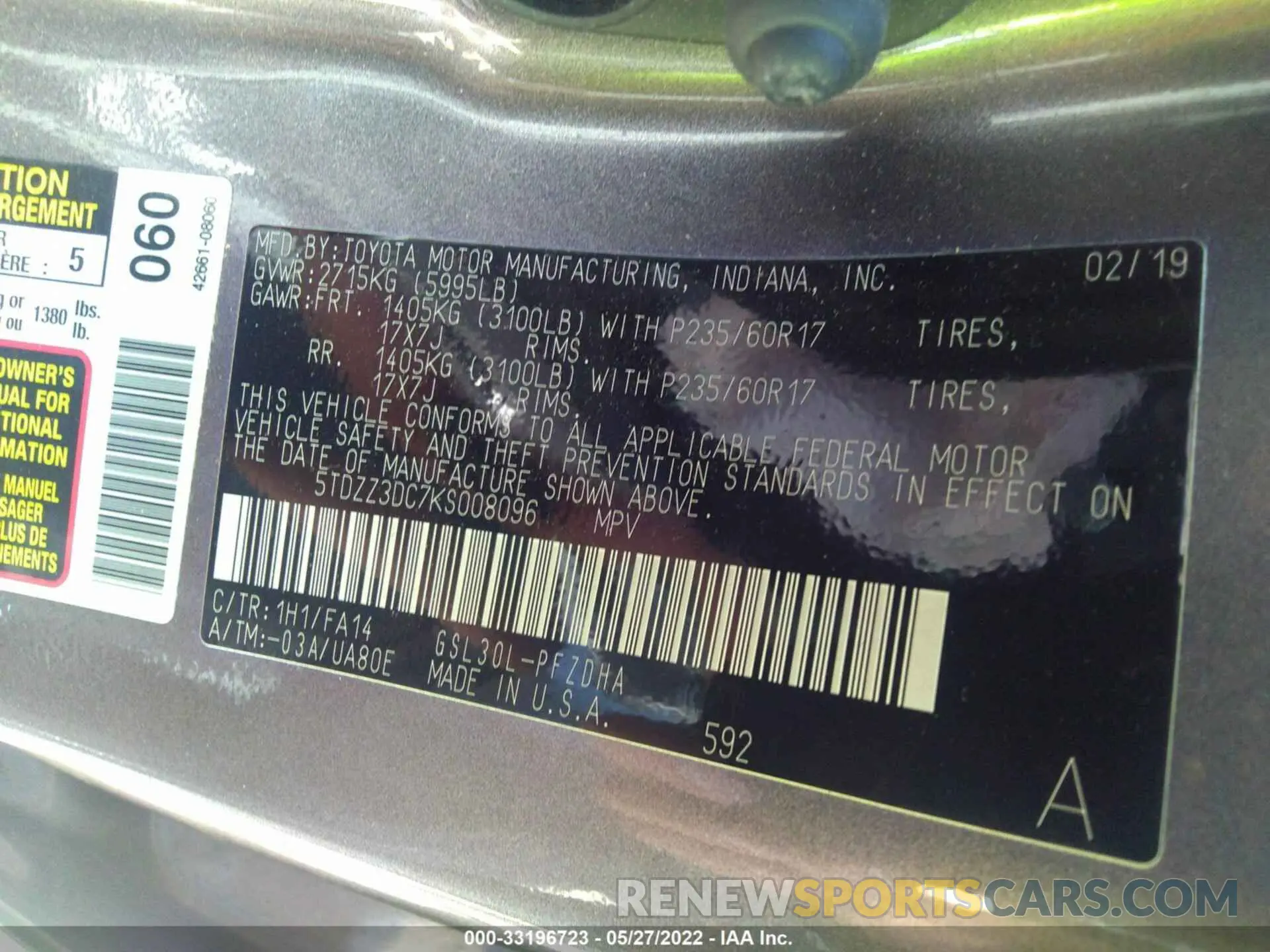 9 fotografías del automóvil dañado 5TDZZ3DC7KS008096 TOYOTA SIENNA 2019