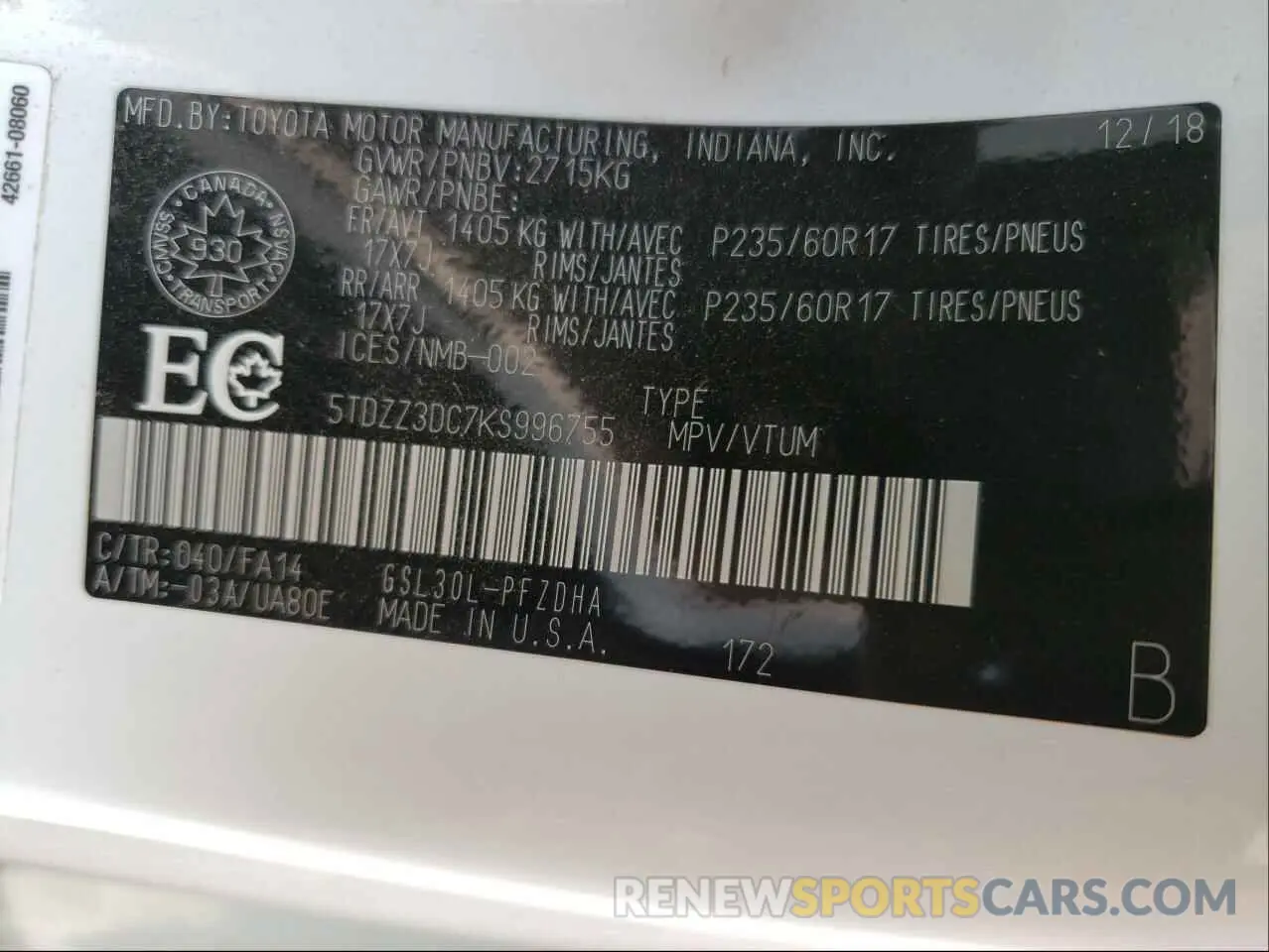 10 fotografías del automóvil dañado 5TDZZ3DC7KS996755 TOYOTA SIENNA 2019