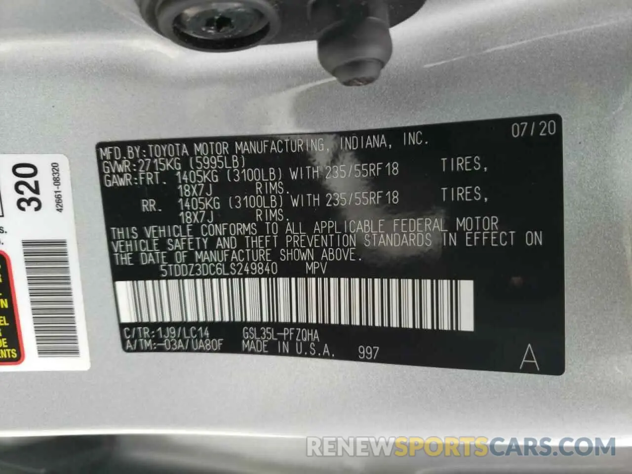 10 fotografías del automóvil dañado 5TDDZ3DC6LS249840 TOYOTA SIENNA 2020