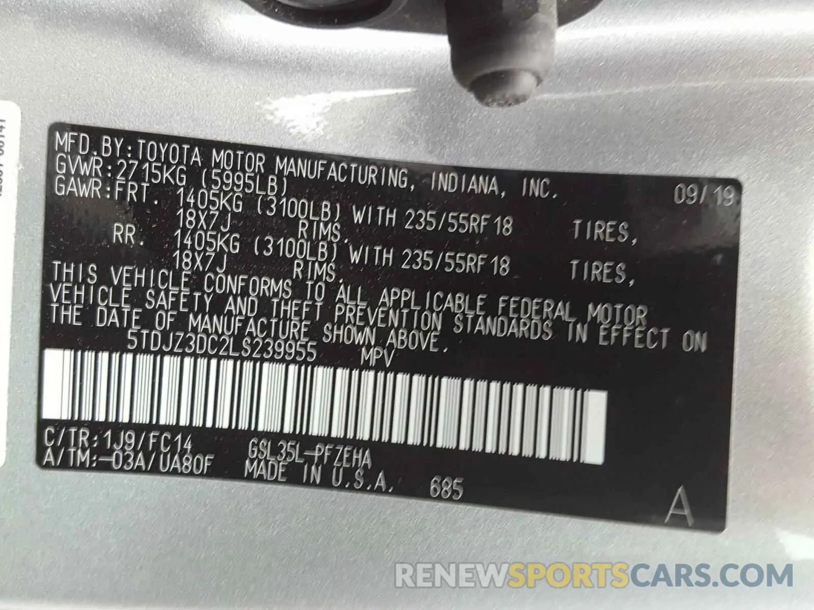 10 fotografías del automóvil dañado 5TDJZ3DC2LS239955 TOYOTA SIENNA 2020