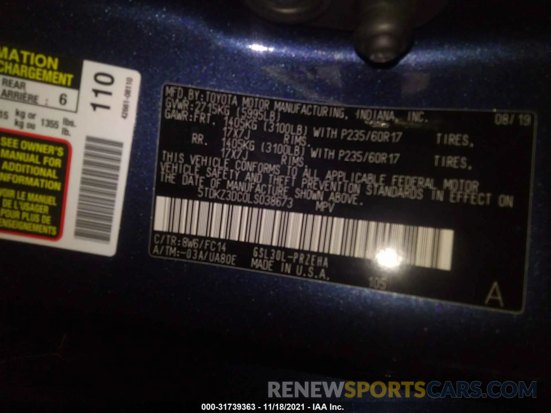 9 fotografías del automóvil dañado 5TDKZ3DC0LS038673 TOYOTA SIENNA 2020