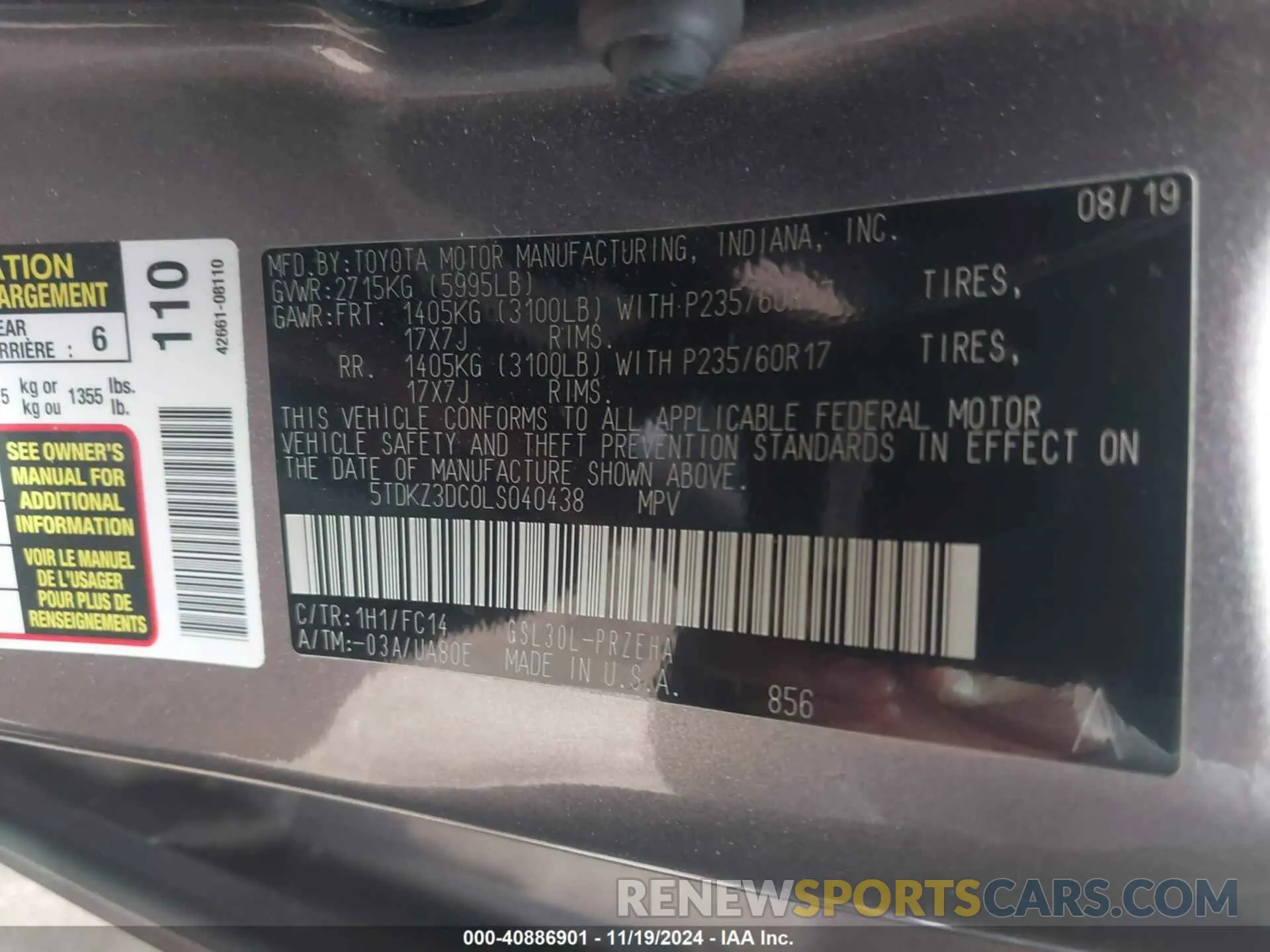 9 fotografías del automóvil dañado 5TDKZ3DC0LS040438 TOYOTA SIENNA 2020