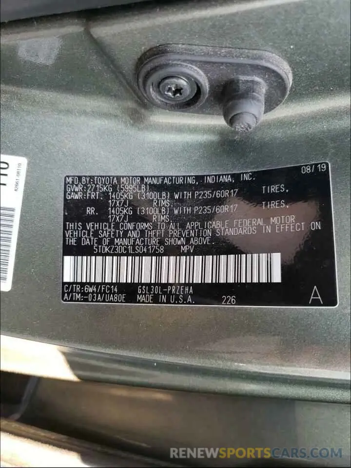 10 fotografías del automóvil dañado 5TDKZ3DC1LS041758 TOYOTA SIENNA 2020