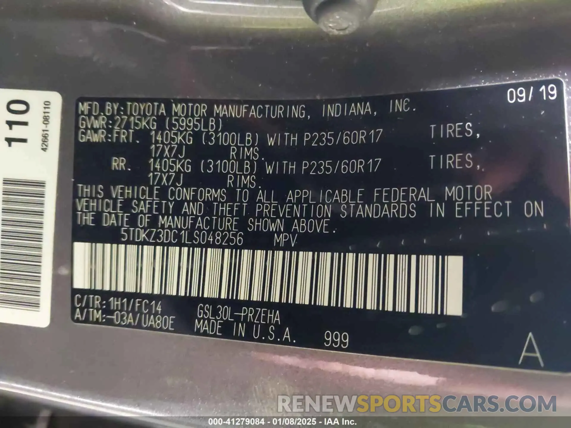 9 fotografías del automóvil dañado 5TDKZ3DC1LS048256 TOYOTA SIENNA 2020