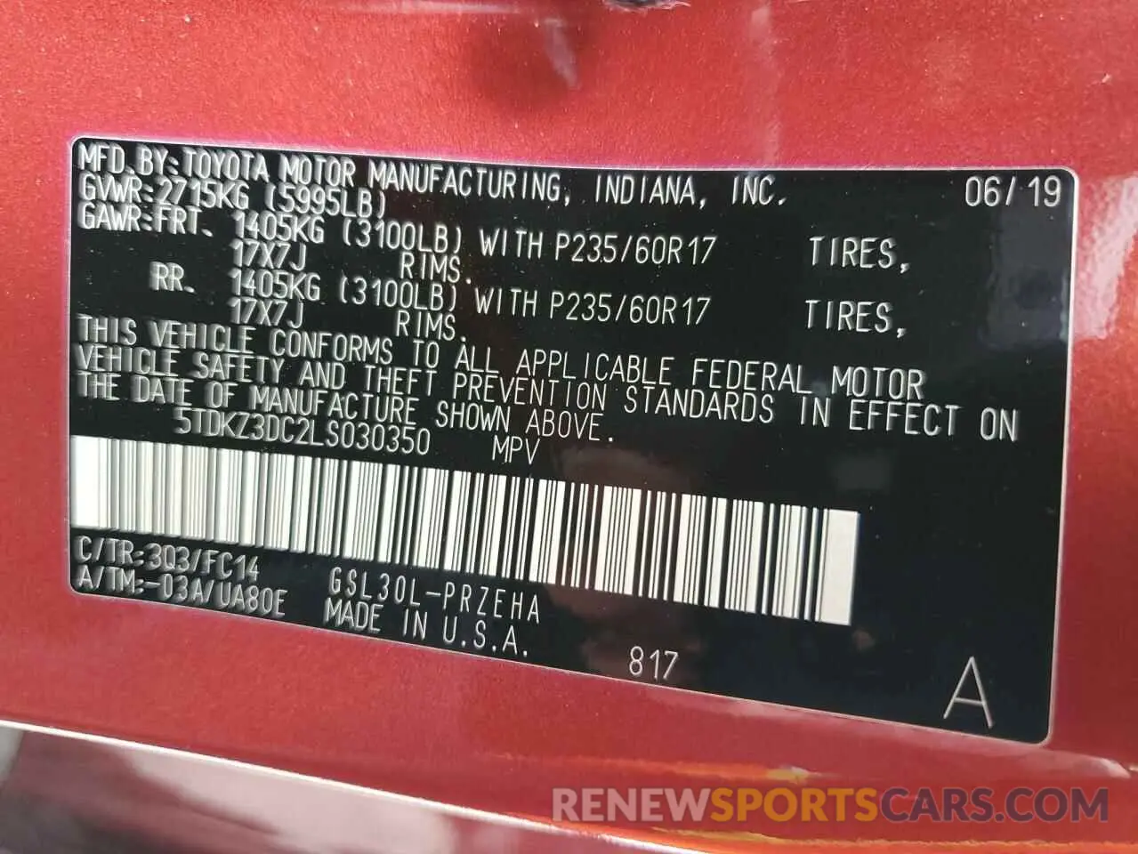 10 fotografías del automóvil dañado 5TDKZ3DC2LS030350 TOYOTA SIENNA 2020