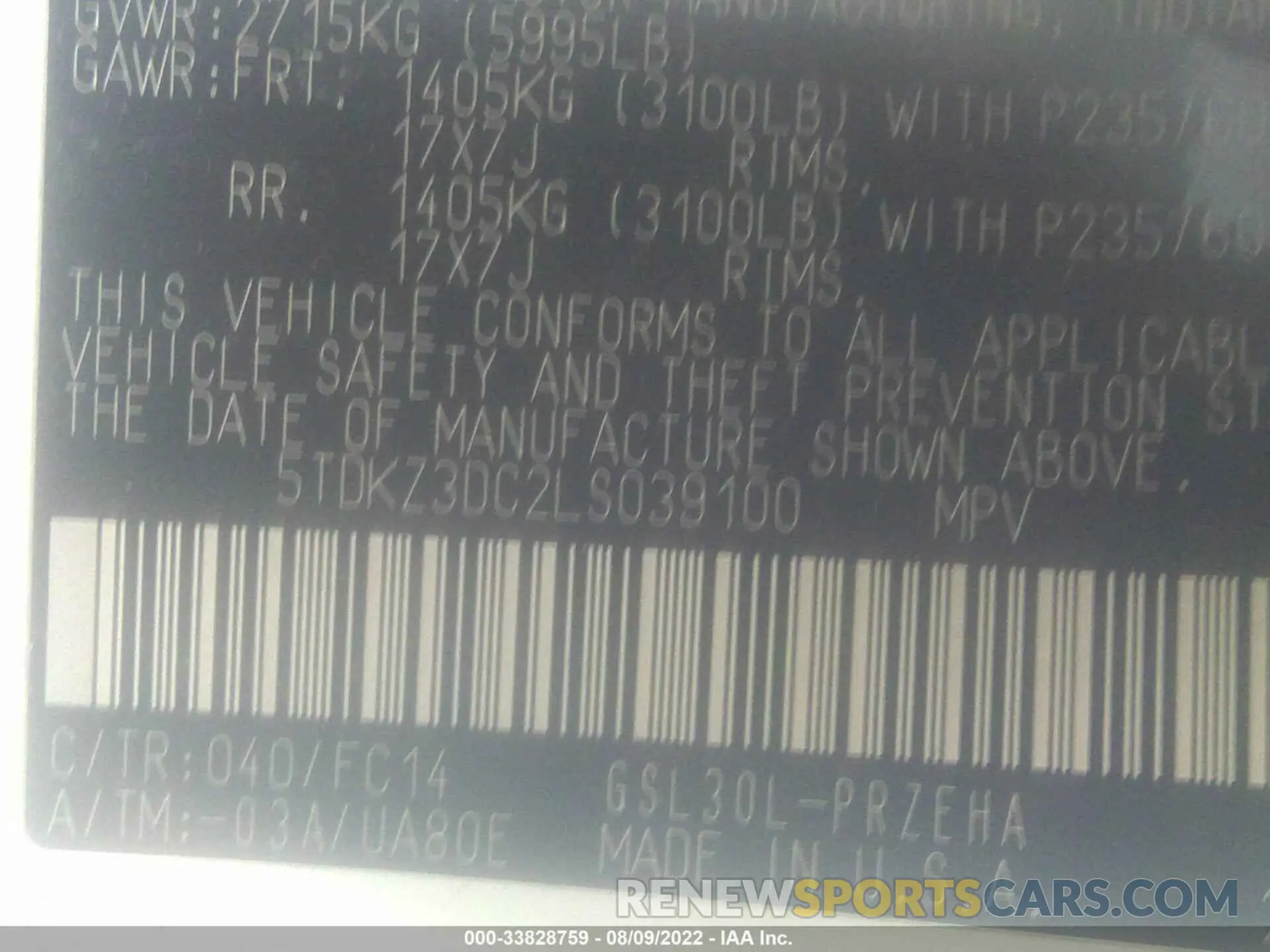 9 fotografías del automóvil dañado 5TDKZ3DC2LS039100 TOYOTA SIENNA 2020
