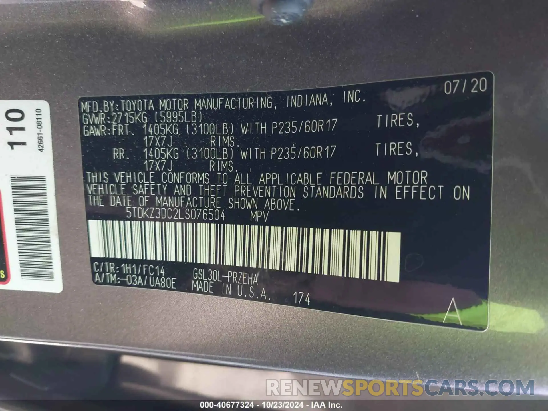 9 fotografías del automóvil dañado 5TDKZ3DC2LS076504 TOYOTA SIENNA 2020
