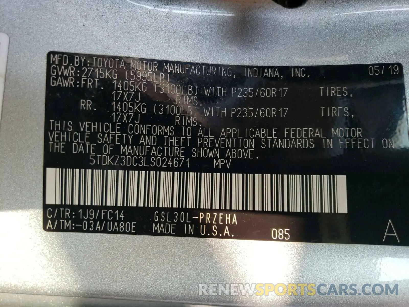 10 fotografías del automóvil dañado 5TDKZ3DC3LS024671 TOYOTA SIENNA 2020