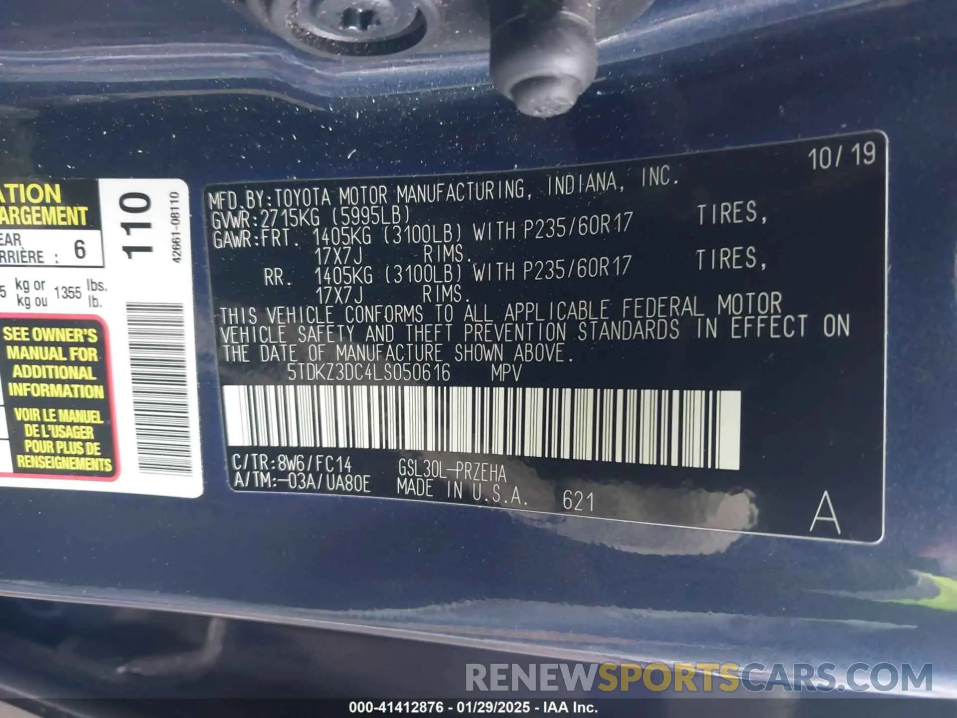 9 fotografías del automóvil dañado 5TDKZ3DC4LS050616 TOYOTA SIENNA 2020