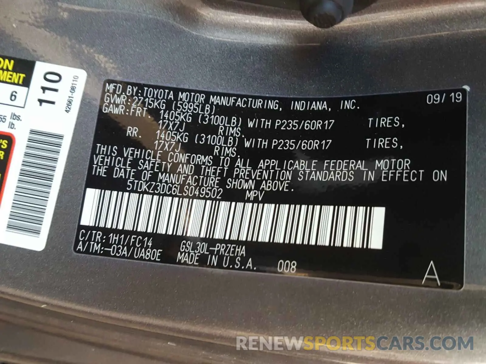 10 fotografías del automóvil dañado 5TDKZ3DC6LS049502 TOYOTA SIENNA 2020