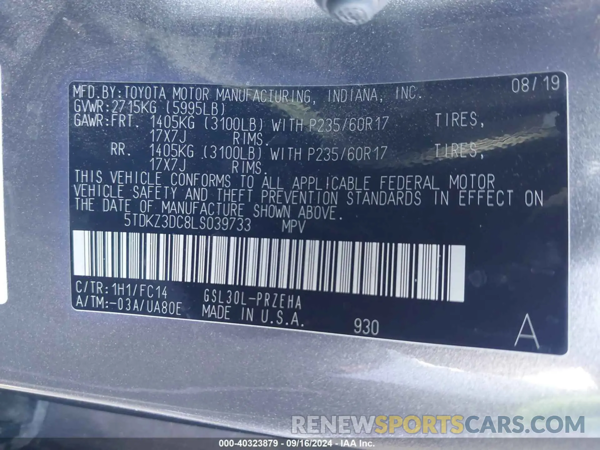 9 fotografías del automóvil dañado 5TDKZ3DC8LS039733 TOYOTA SIENNA 2020