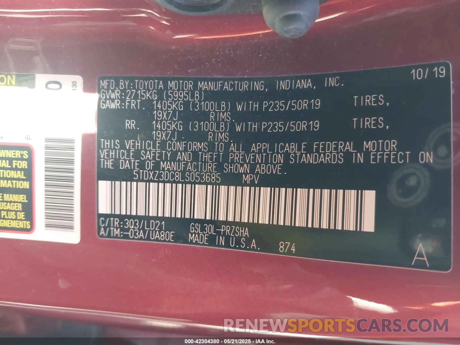9 fotografías del automóvil dañado 5TDXZ3DC8LS053685 TOYOTA SIENNA 2020