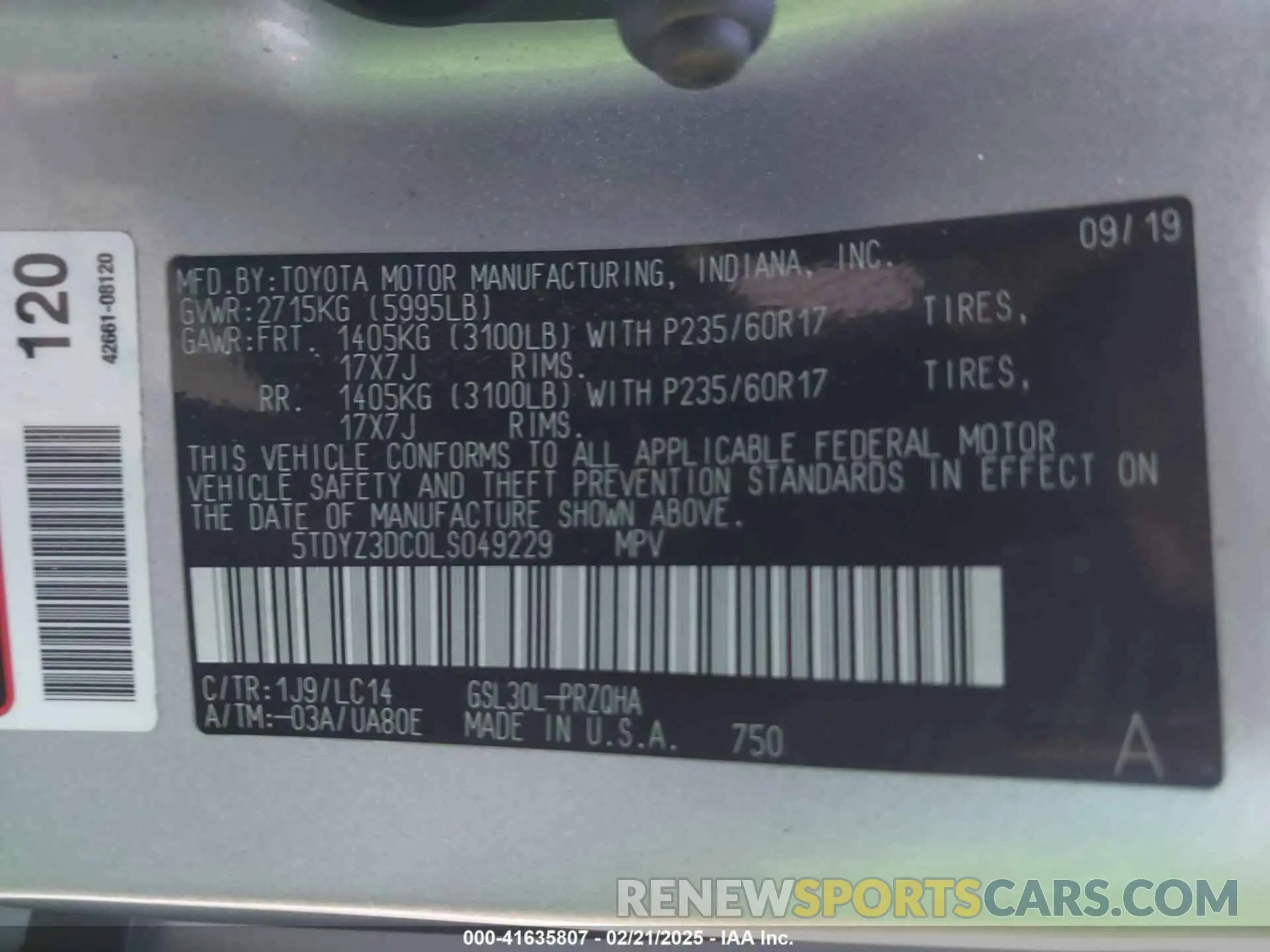 9 fotografías del automóvil dañado 5TDYZ3DC0LS049229 TOYOTA SIENNA 2020