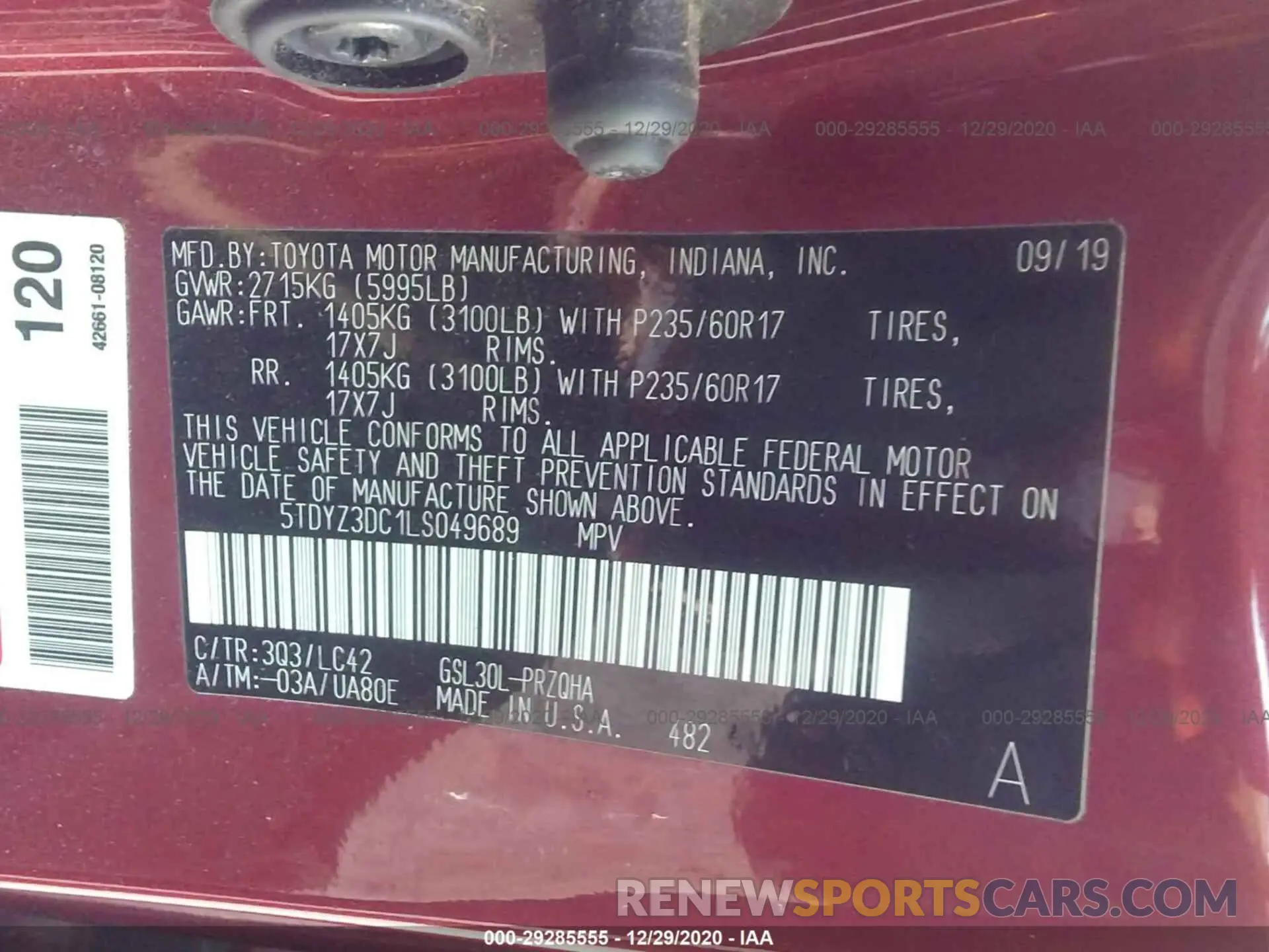 9 fotografías del automóvil dañado 5TDYZ3DC1LS049689 TOYOTA SIENNA 2020