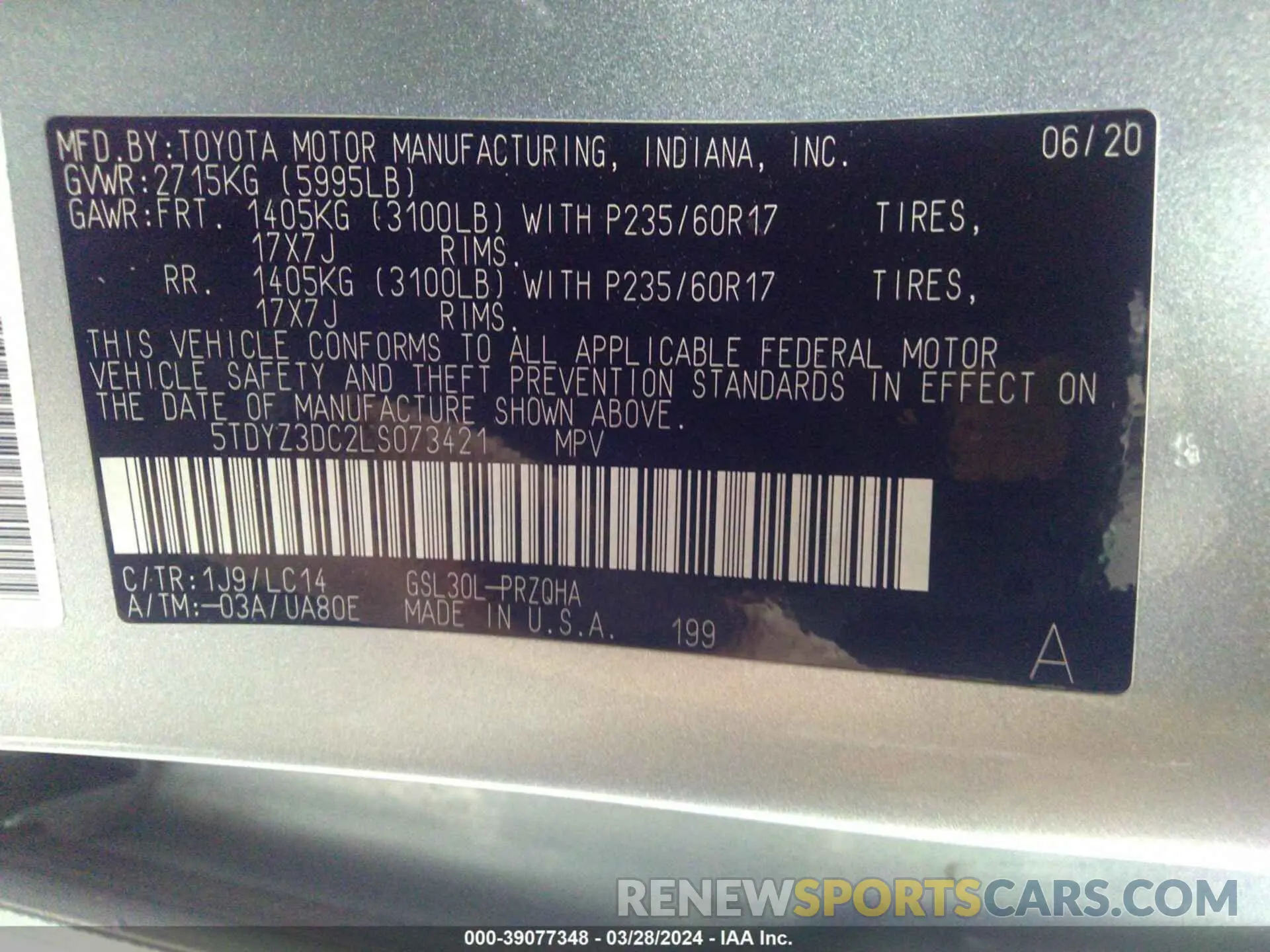 9 fotografías del automóvil dañado 5TDYZ3DC2LS073421 TOYOTA SIENNA 2020