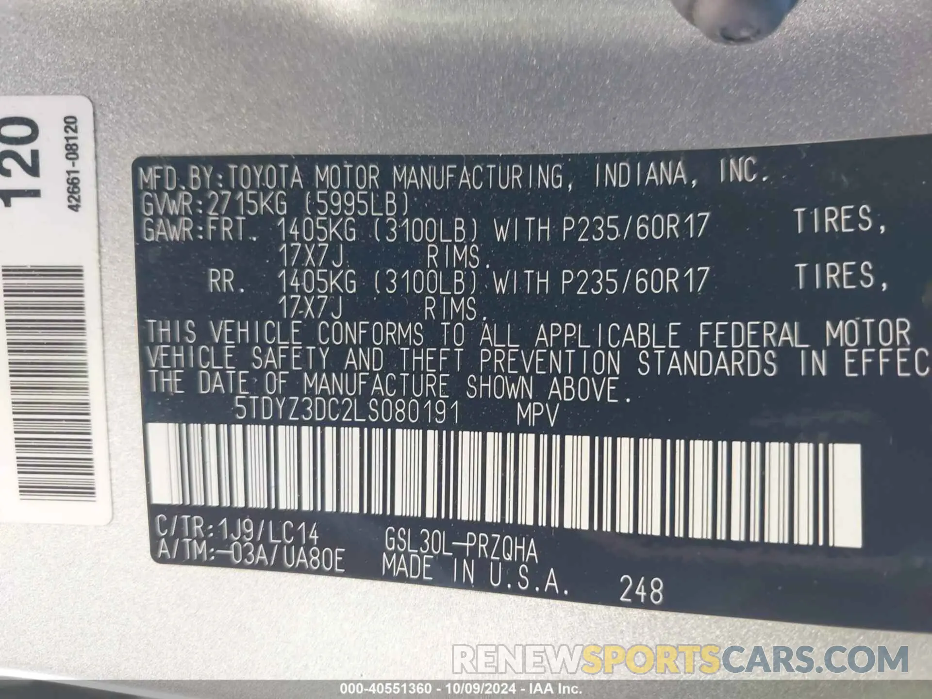 9 fotografías del automóvil dañado 5TDYZ3DC2LS080191 TOYOTA SIENNA 2020